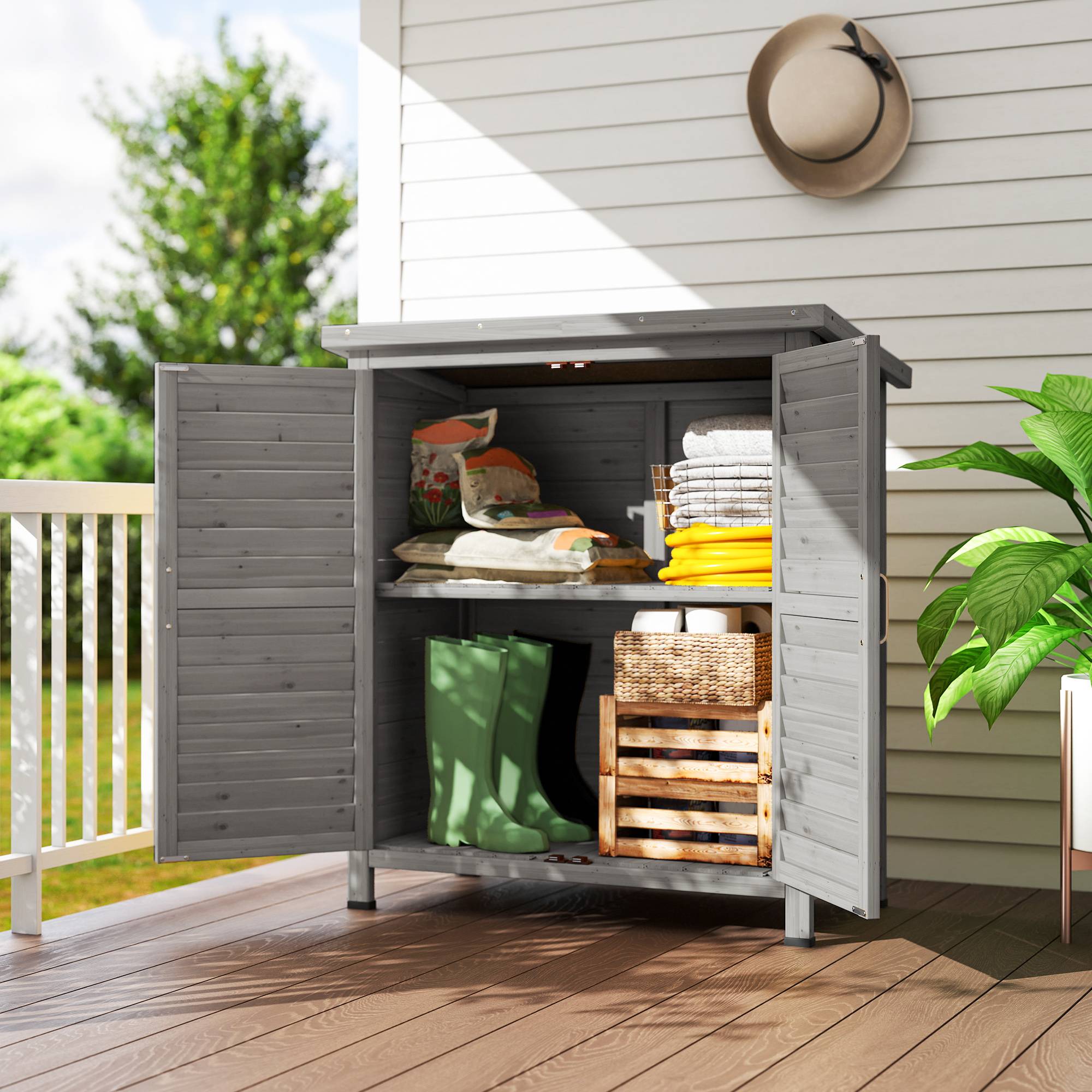 ComfortXL - Armoire de jardin bois sapin terrasse rangement outils portes persiennes 87x46x96cm gris - ComfortXL Outdoor Living - Image 4