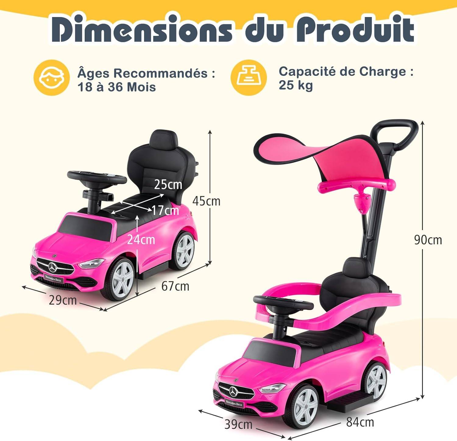 DREAMADE Porteur Bébé 12-36 Mois sous Licence Mercedes Benz, Voiture Poussée avec Poignée de Poussée, Auvent Ajustable, Rouge - Jeux - Jouets