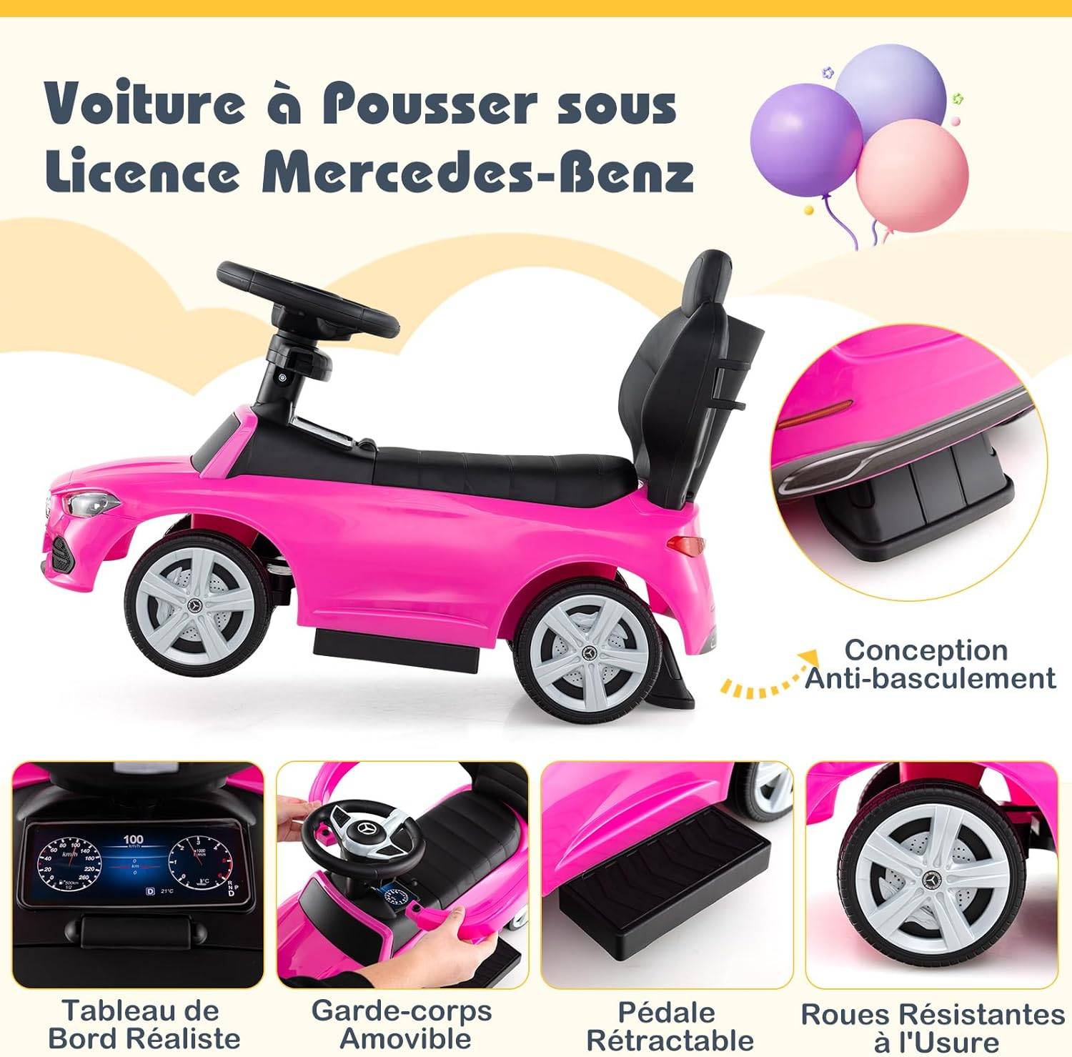 COSTWAY Mercedes Benz 3 en 1 Porteur Enfants avec Canopy Réglable COSTWAY Mercedes Benz 3 en 1 Porteur Enfants avec Canopy Réglable