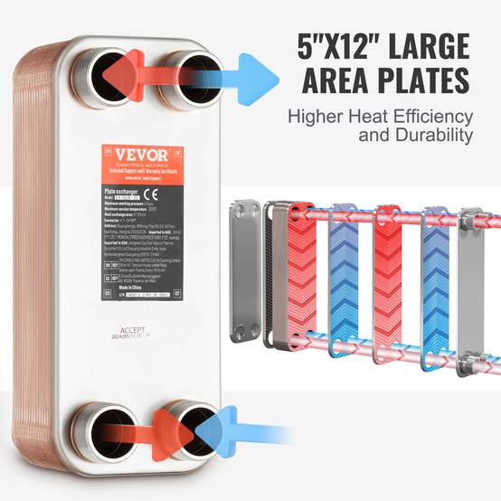 VEVOR Échangeur chaleur plaques brasées, 30 plaques, 127x305 mm. Cuivre/inox 316L, chauffage. - Image 4