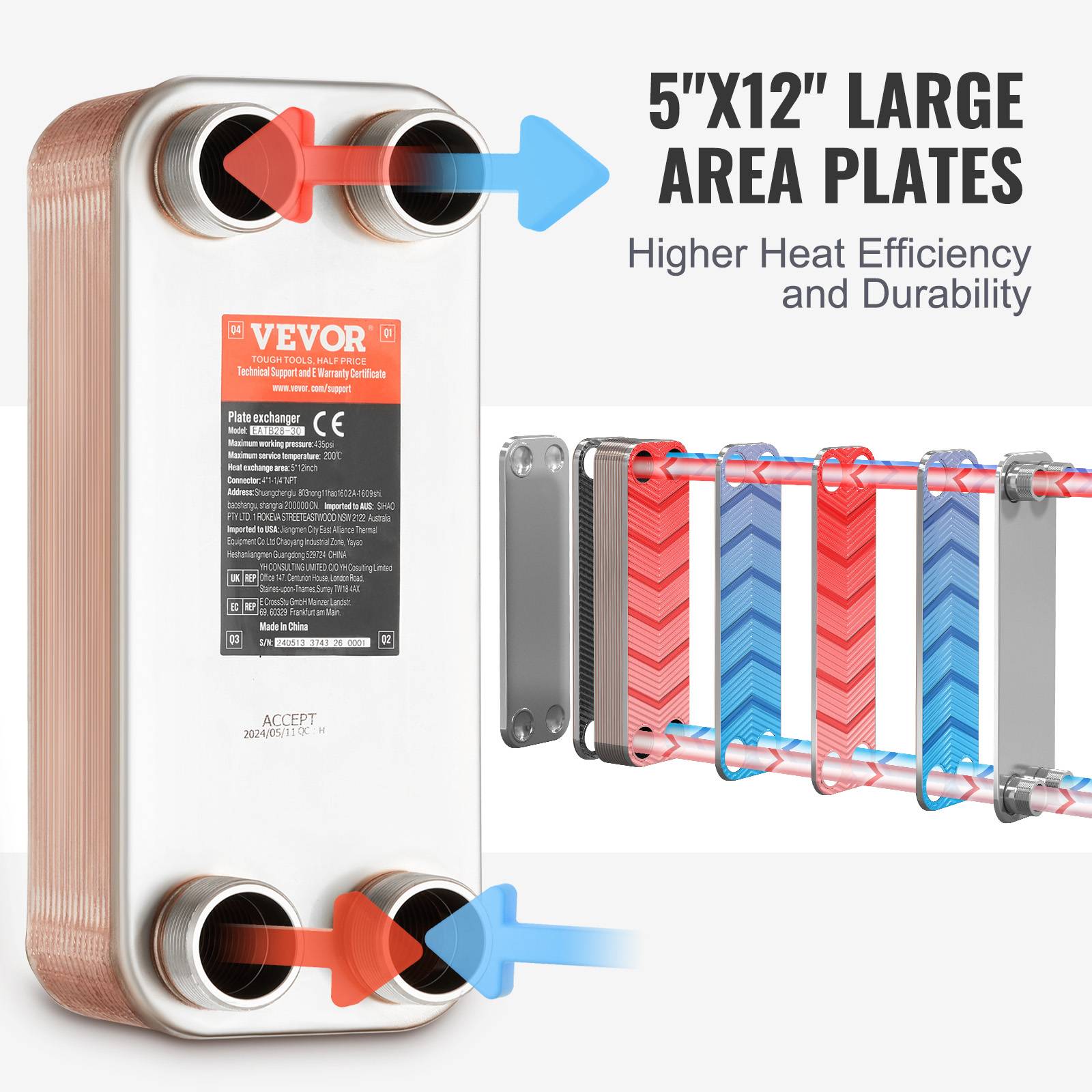 VEVOR Échangeur chaleur plaques brasées, 30 plaques, 127x305 mm. Cuivre/inox 316L, chauffage. - Image 4