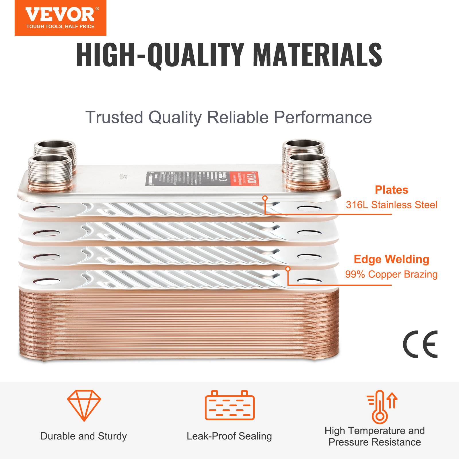 VEVOR Échangeur chaleur plaques brasées, 30 plaques, 127x305 mm. Cuivre/inox 316L, chauffage. - Image 2