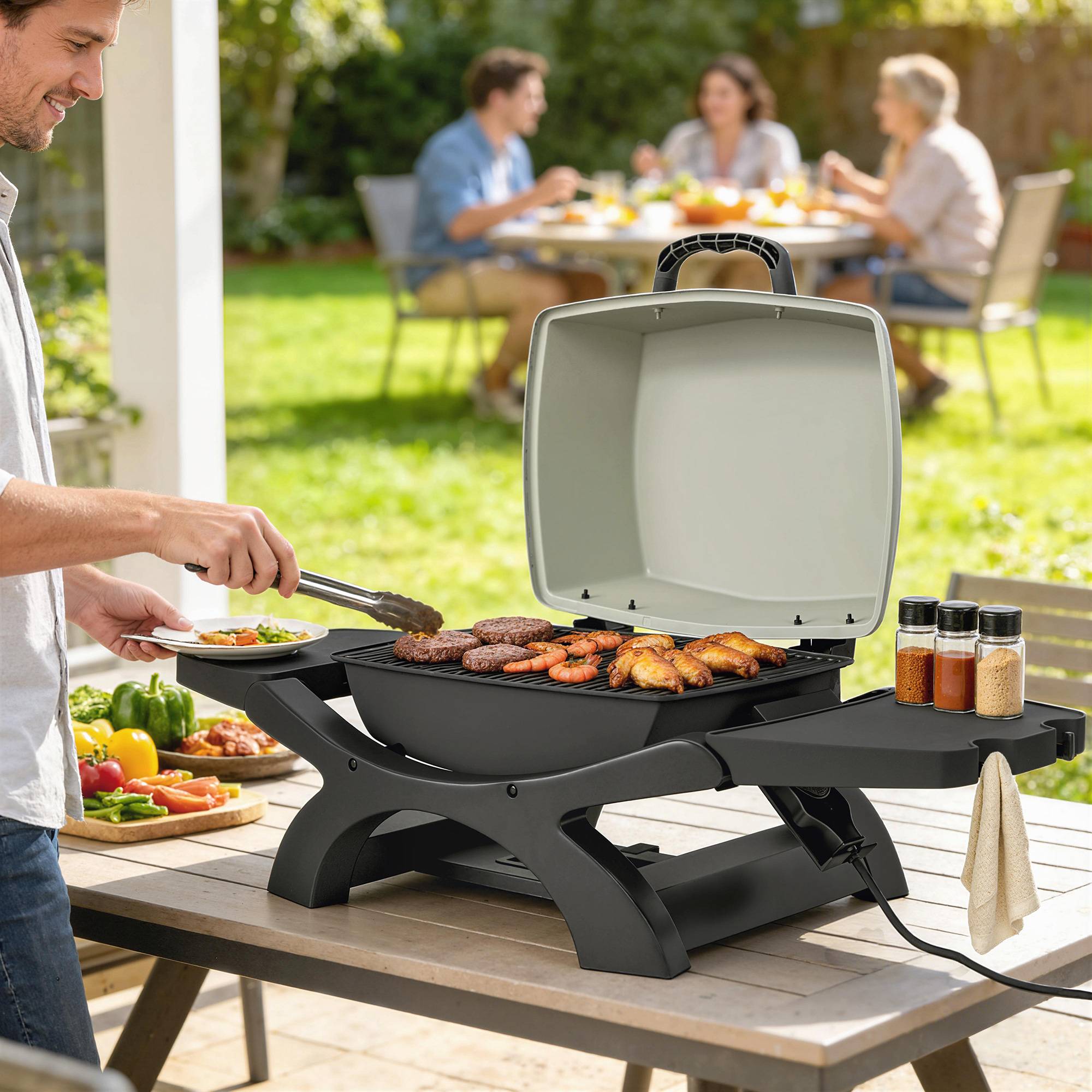 Barbecue électrique 2300W portable de table étagères latérales, noir - Image 3