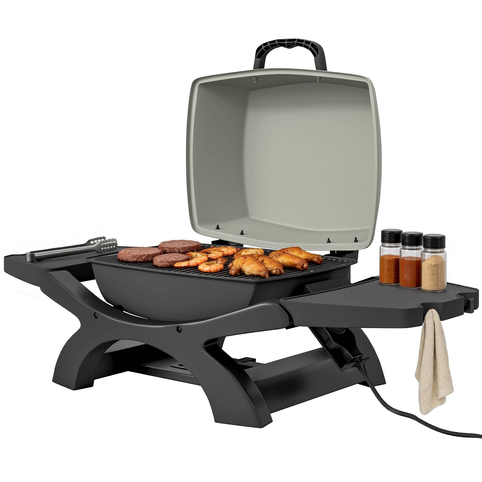 Barbecue électrique 2300W portable de table étagères latérales, noir - Image 2