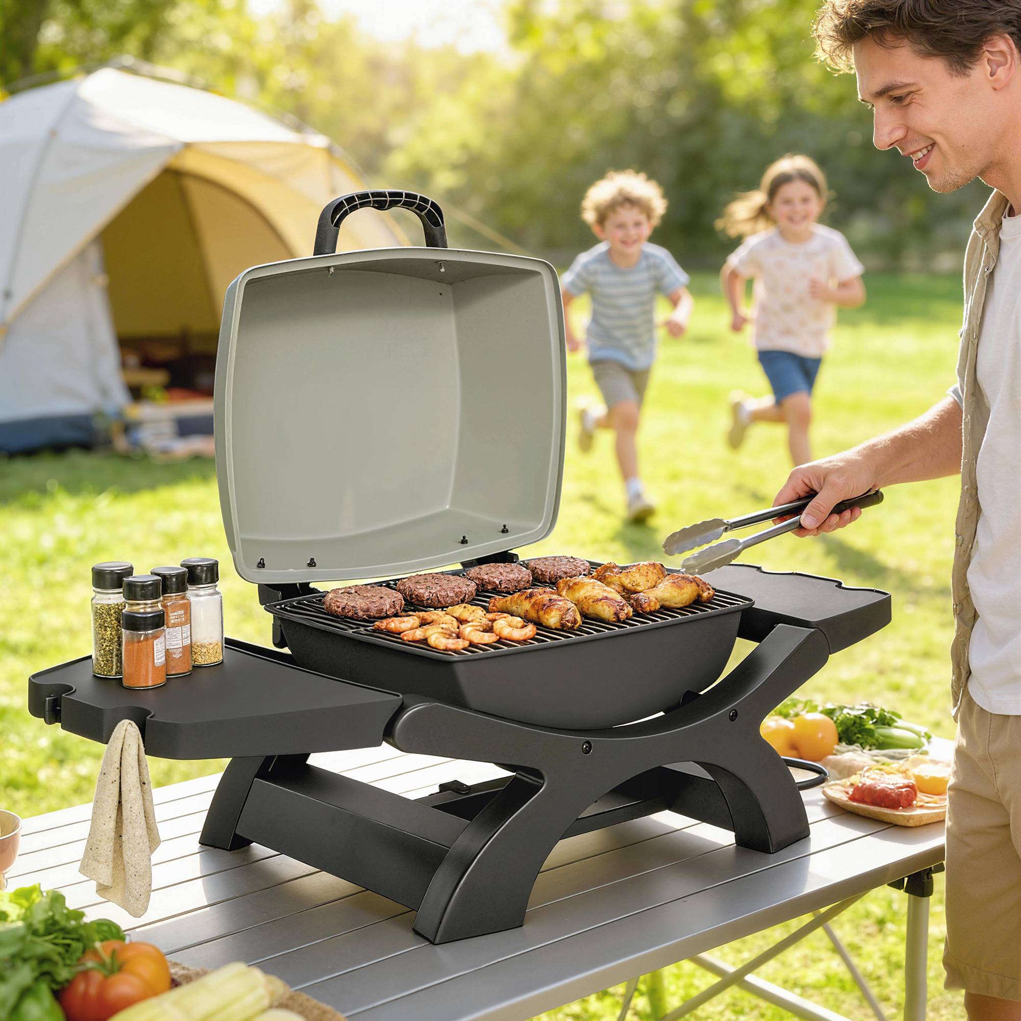 Barbecue électrique 2300W portable de table étagères latérales, noir - Image 4