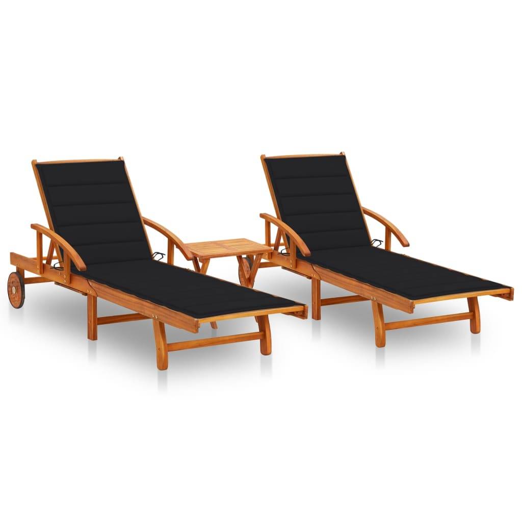 Lot 2 Lits de Soleil Bois Acacia Table Basse Piscine Noir – ComfortXL Outdoor Living - Image 1