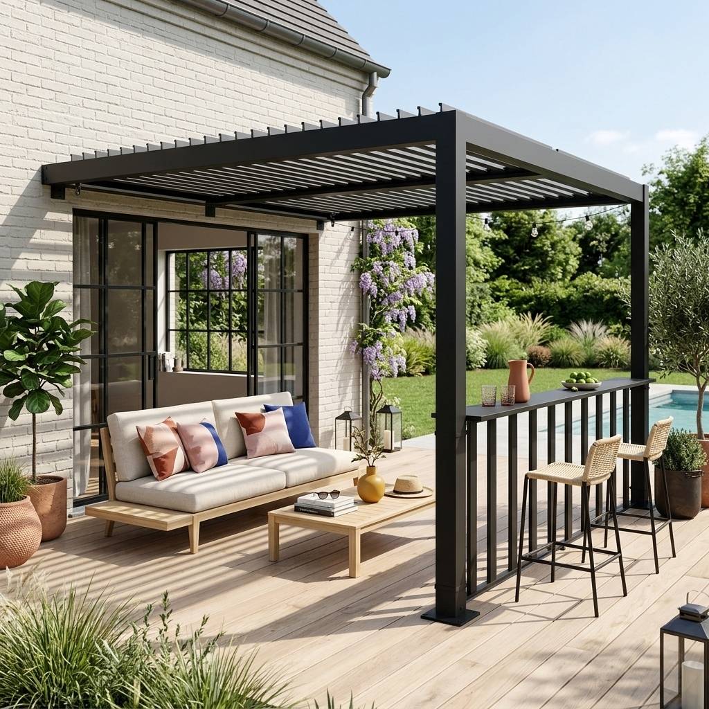 sweeek - Pergola bioclimatique aluminium adossée 3x3m anthracite  + 1 bar 3m Palace | sweeek - Image 1