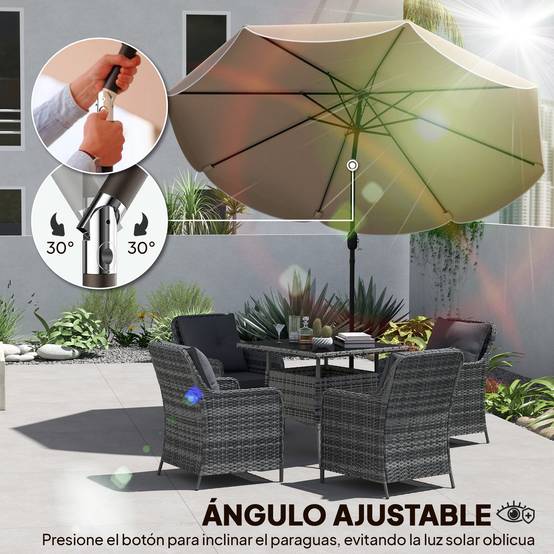 Parasol de terrasse extérieur Ø2,7 m avec manivelle et poignée réglables sur 3 positions, couleur kaki - Image 7