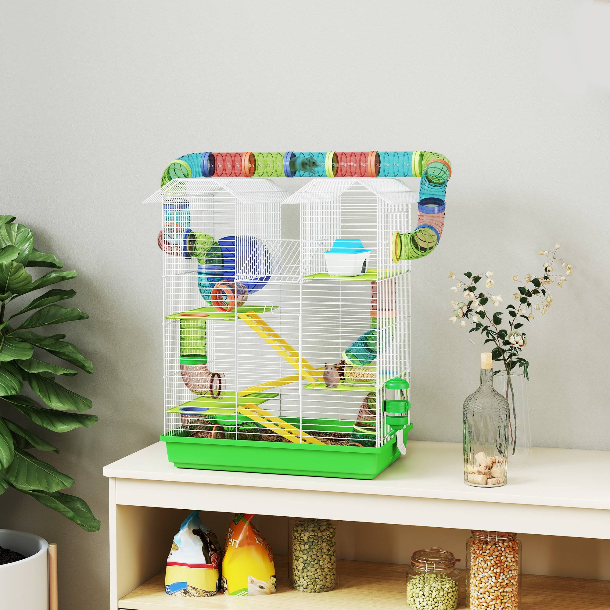 Cage à hamster à 5 niveaux 47x30x59 cm avec tunnel, mangeoire, biberon, maisonnette, roue d'exercice et échelles - Verte - Image 3