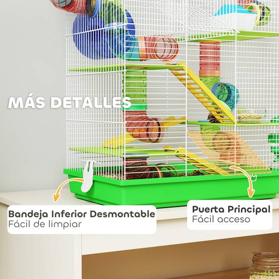 Cage à hamster à 5 niveaux 47x30x59 cm avec tunnel, mangeoire, biberon, maisonnette, roue d'exercice et échelles - Verte - Image 8