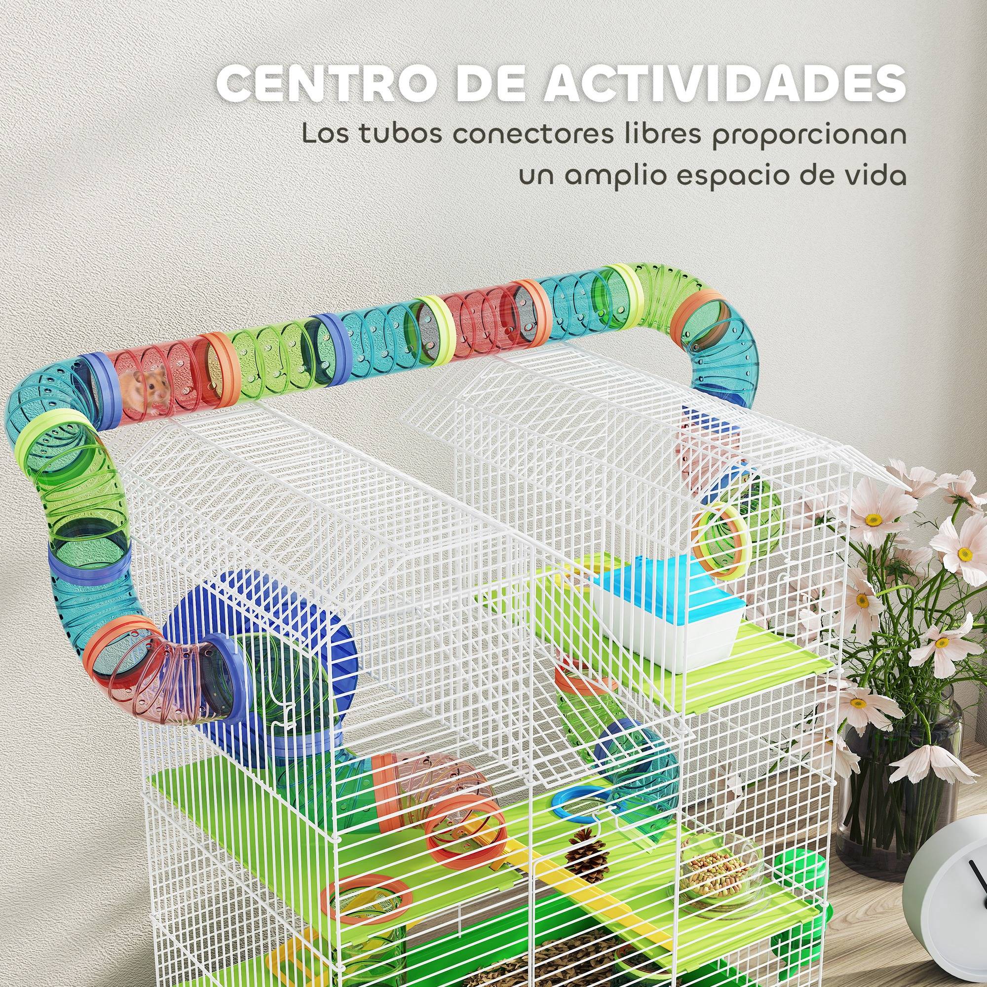Cage à hamster à 5 niveaux 47x30x59 cm avec tunnel, mangeoire, biberon, maisonnette, roue d'exercice et échelles - Verte - Image 9