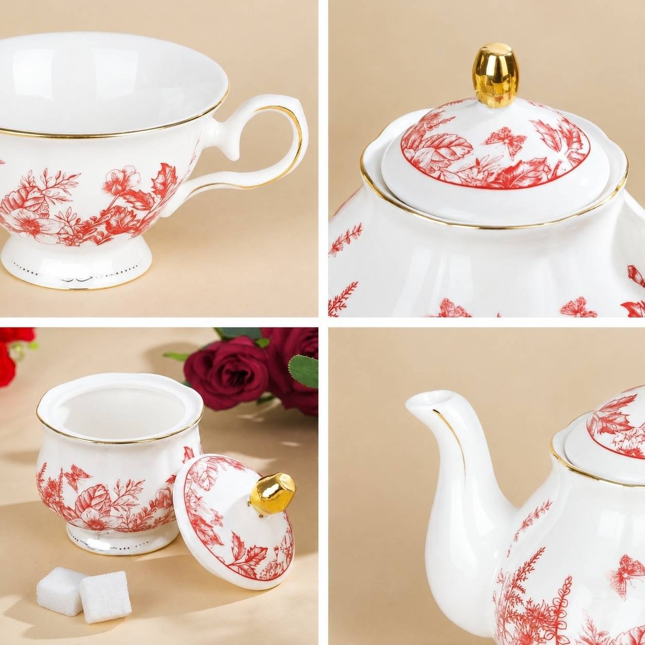 Service à Café et Thé en Porcelaine 21 Pièces Feuilles Rouges Vintage avec Support et Cuillères - Image 2