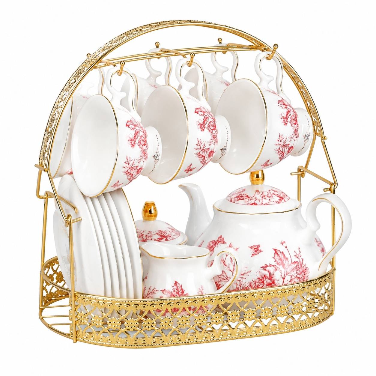 Service à Café et Thé en Porcelaine 21 Pièces Feuilles Rouges Vintage avec Support et Cuillères - Image 1