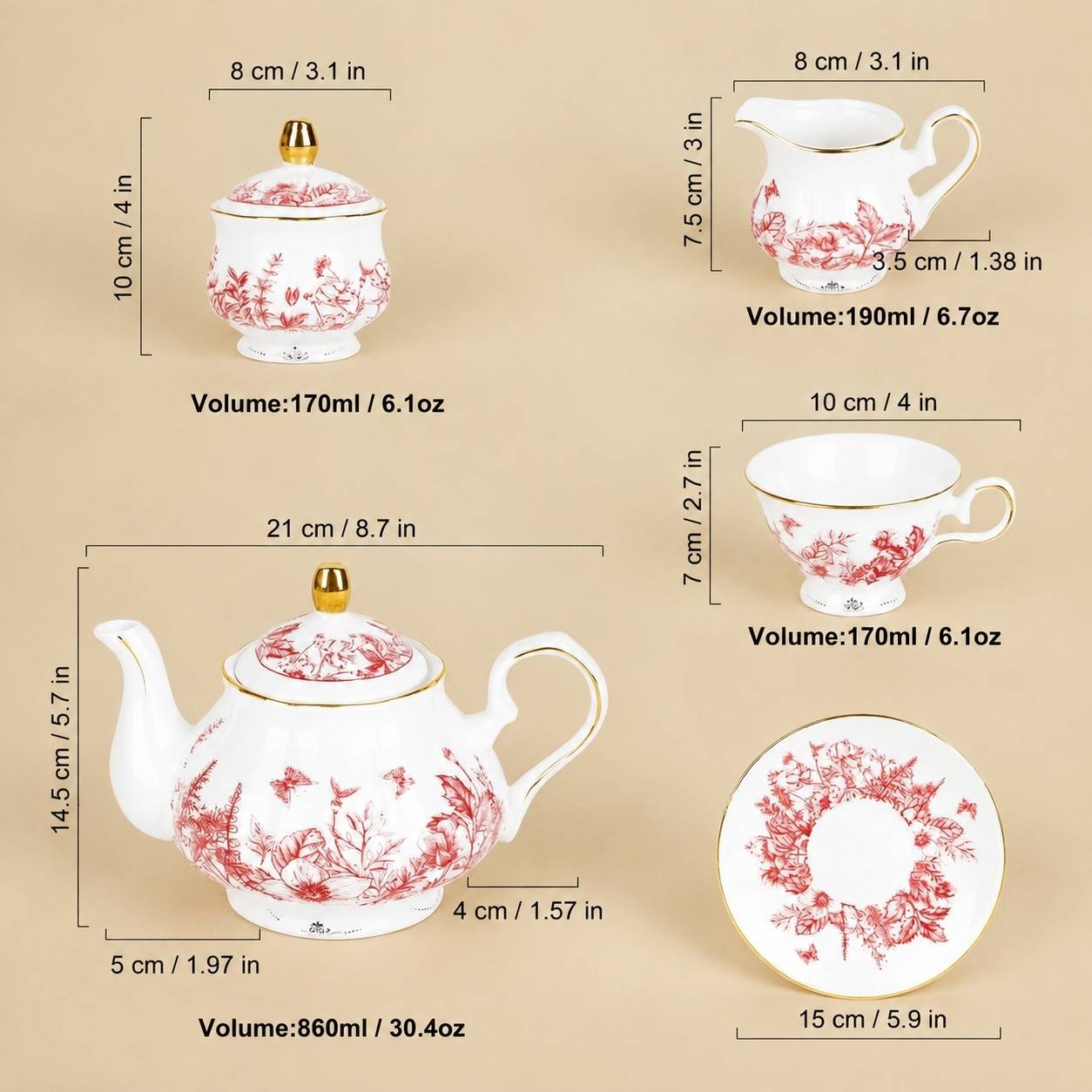 Service à Café et Thé en Porcelaine 21 Pièces Feuilles Rouges Vintage avec Support et Cuillères - Image 6