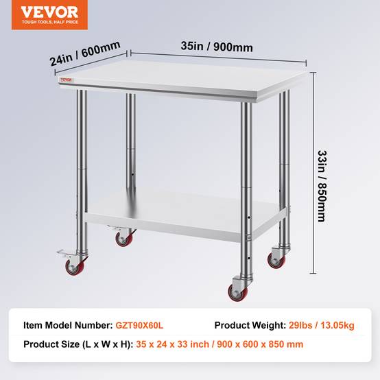 Vevor - VEVOR Table de Travail en Acier Inoxydable Commerciale 90x60 cm avec 4 Roulettes - Image 7