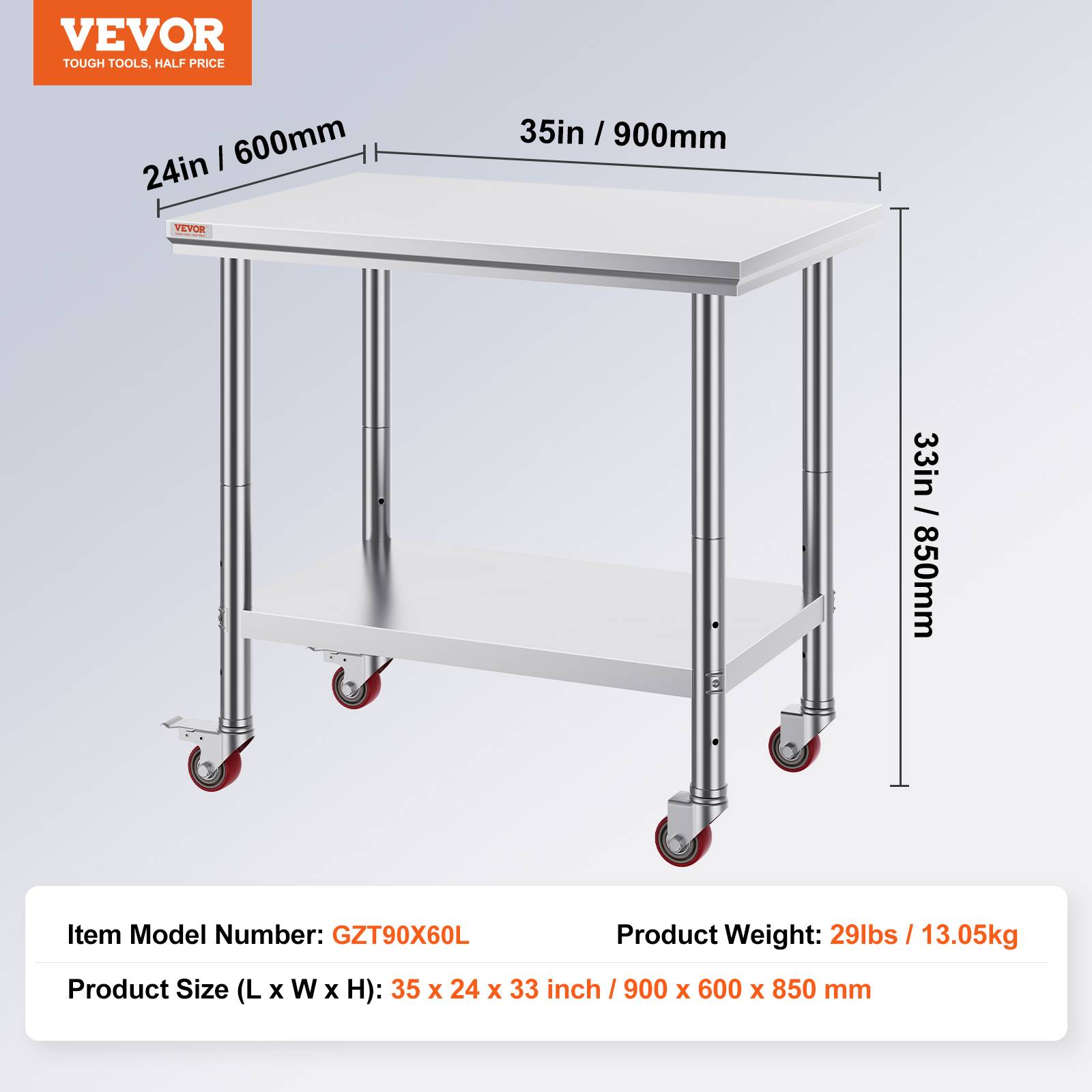 Vevor - VEVOR Table de Travail en Acier Inoxydable Commerciale 90x60 cm avec 4 Roulettes - Image 7