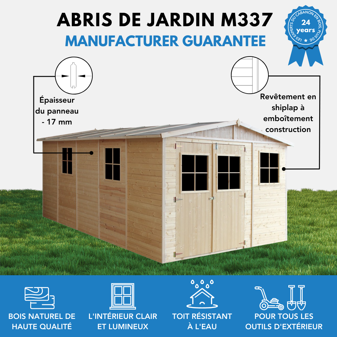 Timbela - Abri de jardin en bois Exterieur H226x324x516 cm/15 m² avec les planchers imprégné - Chalet - 17 mm d’épaisseur - Timbela M337+M337G - Image 8