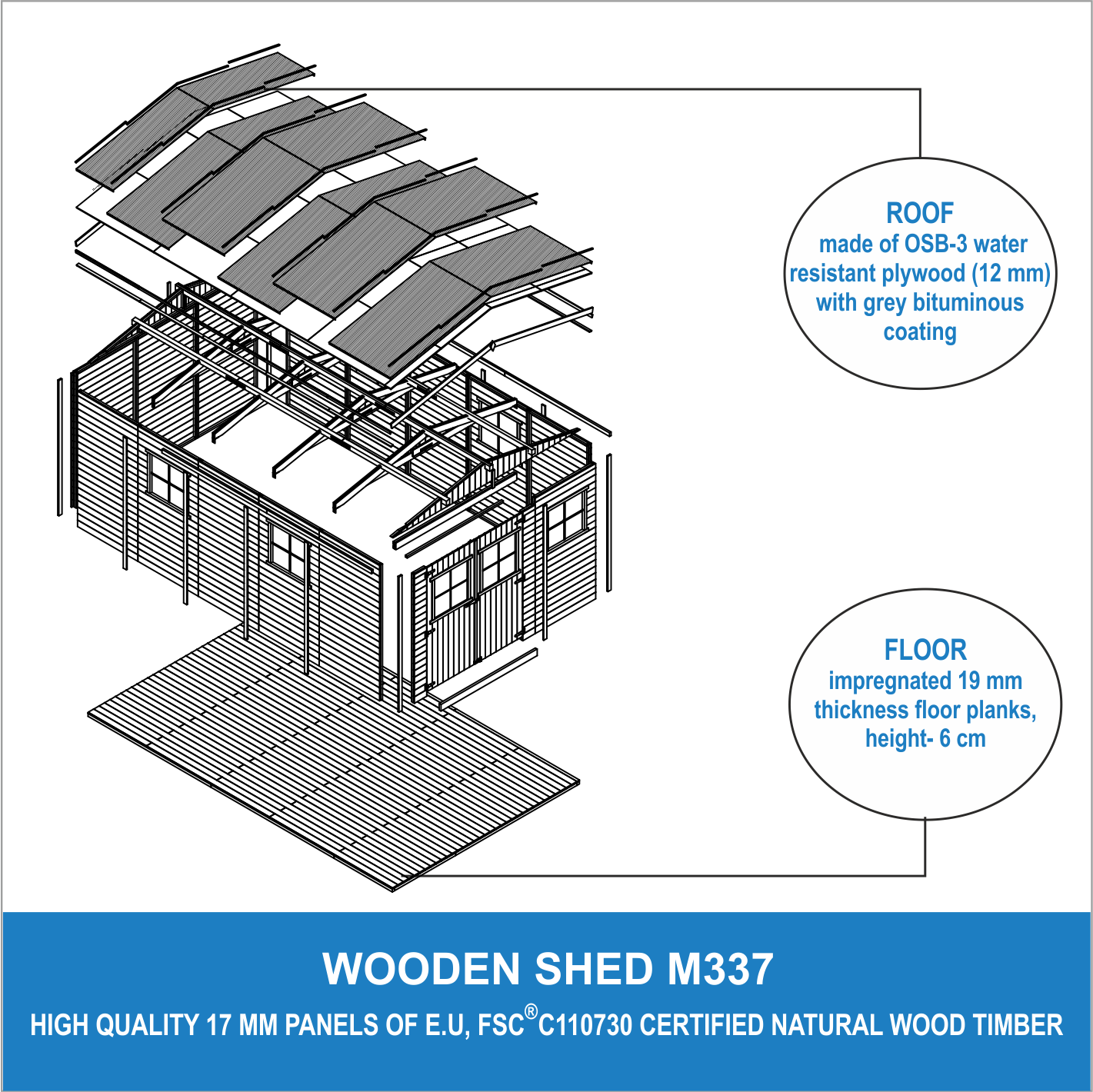 Timbela - Abri de jardin en bois Exterieur H226x324x516 cm/15 m² avec les planchers imprégné - Chalet - 17 mm d’épaisseur - Timbela M337+M337G - Image 7