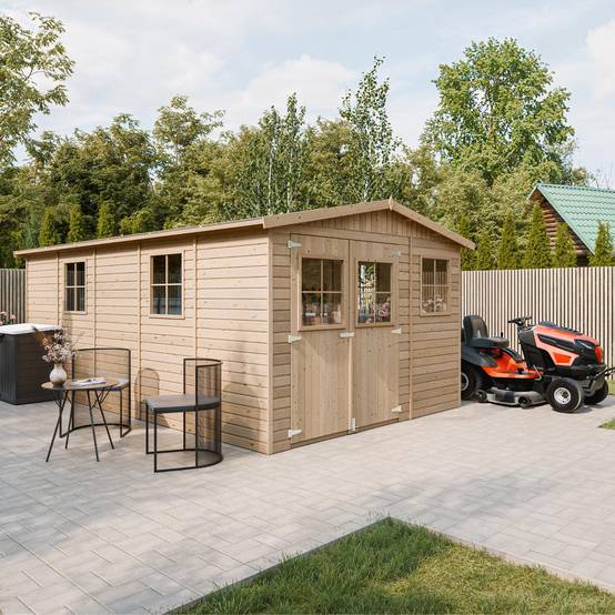 Timbela - Abri de jardin en bois Exterieur H226x324x516 cm/15 m² avec les planchers imprégné - Chalet - 17 mm d’épaisseur - Timbela M337+M337G - Image 1
