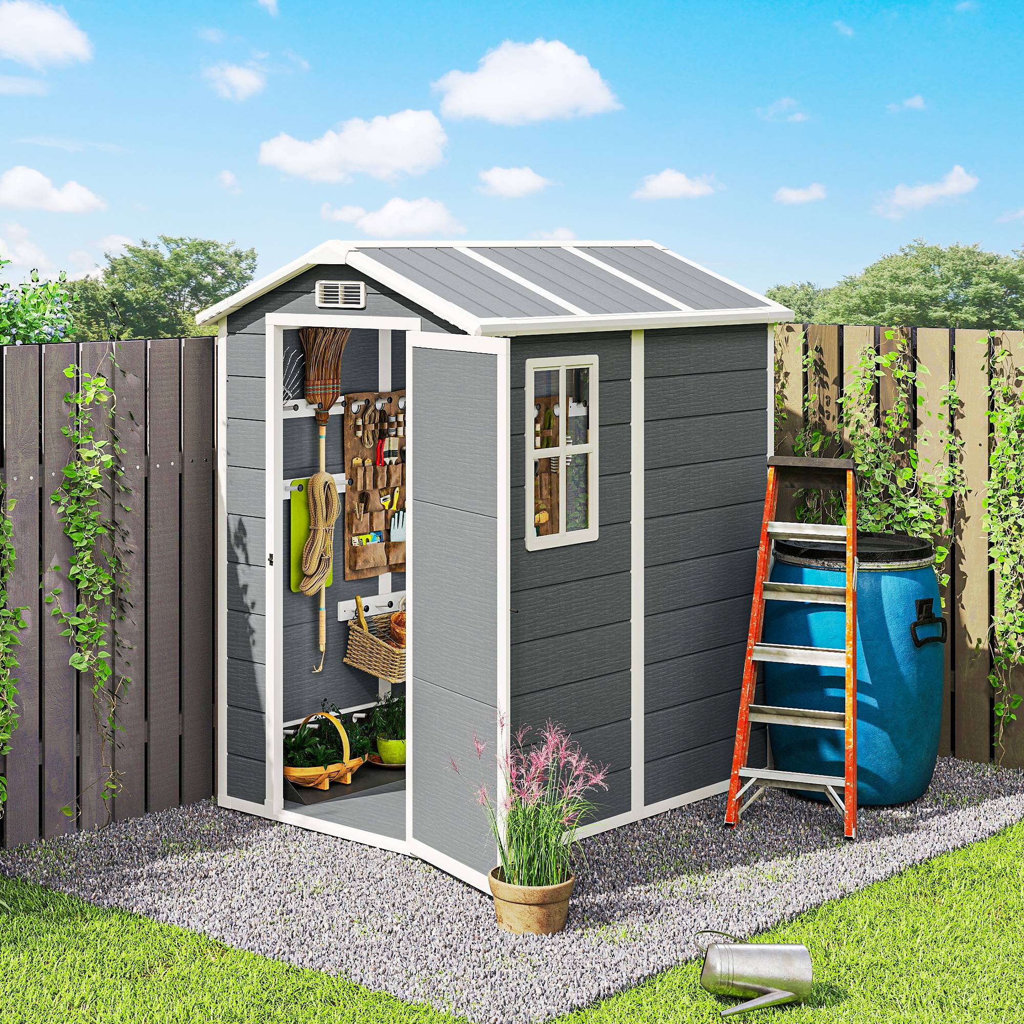 Abri de jardin en résine avec plancher, porte verrouillable et fenêtre, 1,3 x 1,8 m, gris - Image 4