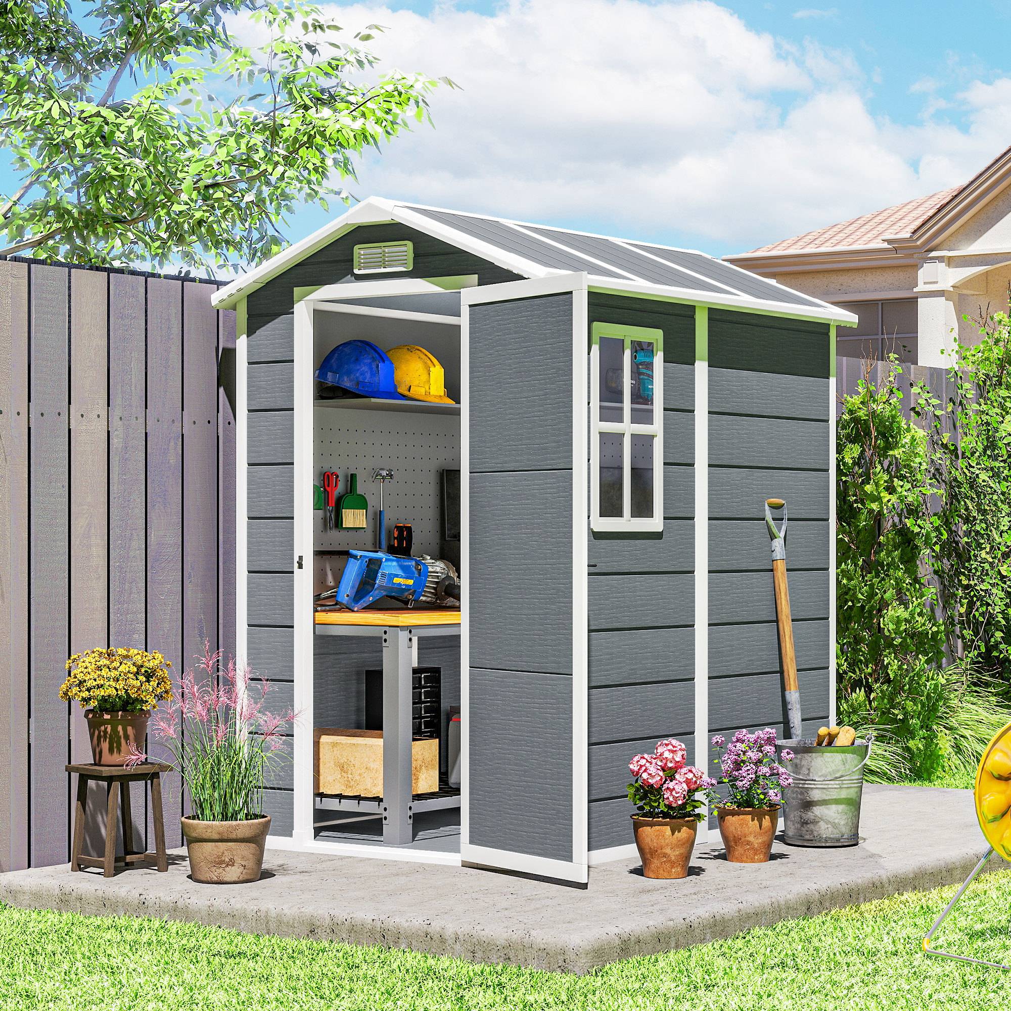 Abri de jardin en résine avec plancher, porte verrouillable et fenêtre, 1,3 x 1,8 m, gris - Image 3