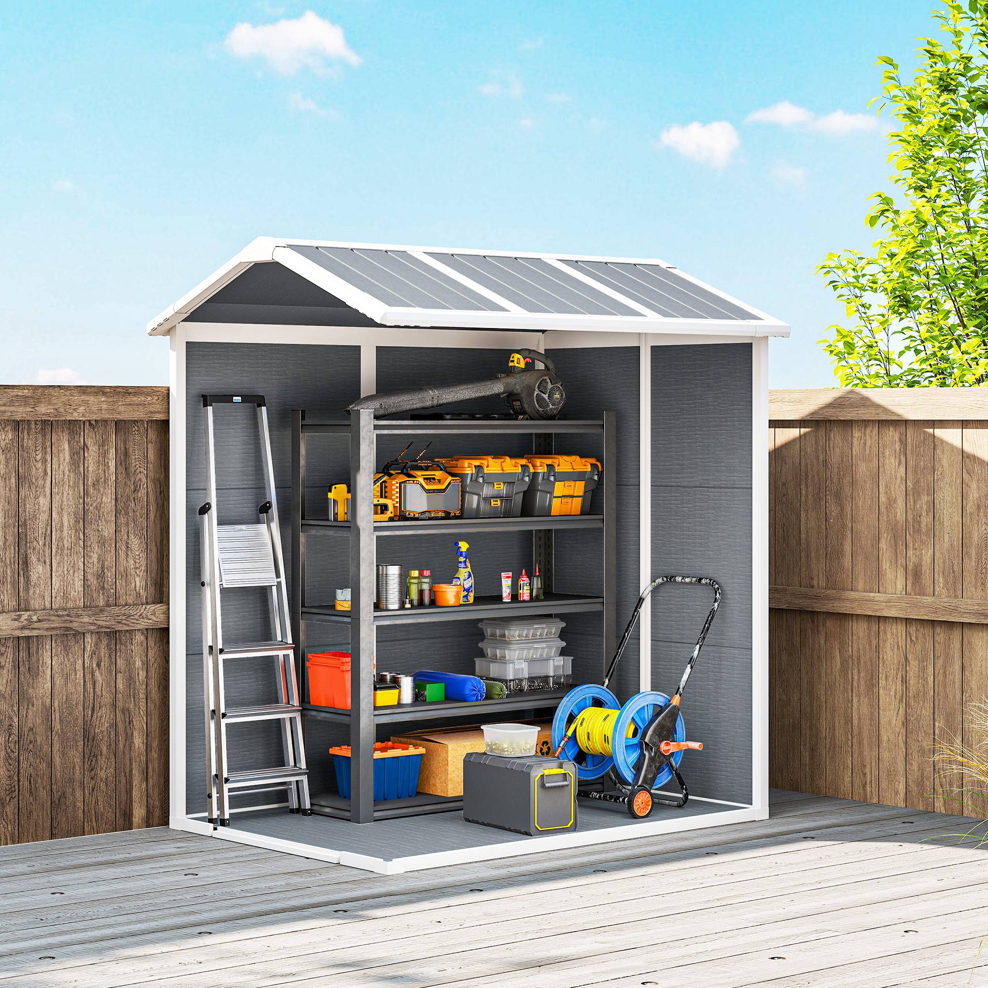 Abri de jardin en résine avec plancher, porte verrouillable et fenêtre, 1,3 x 1,8 m, gris - Image 10