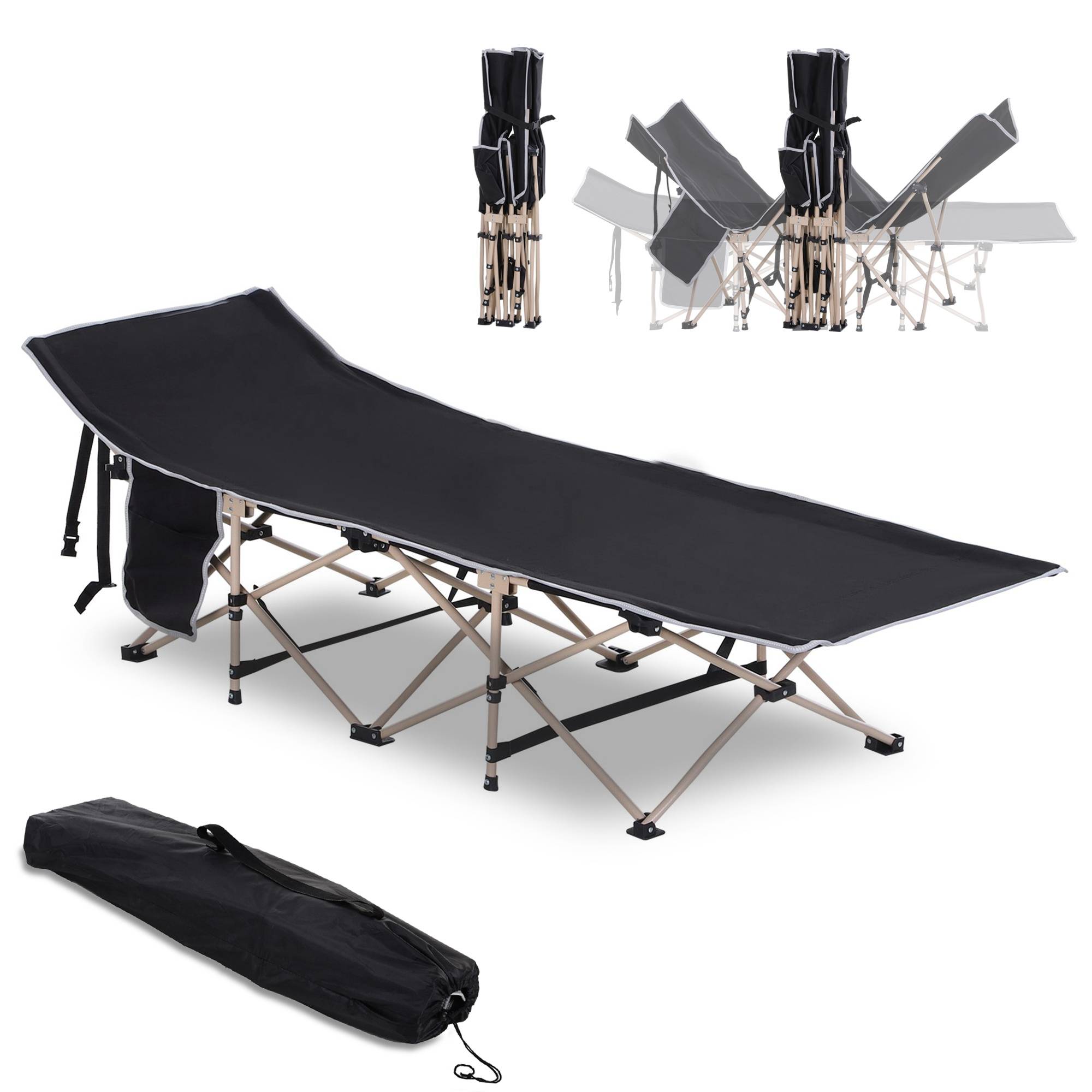 Sans Marque - Lit de camp pliable, résistant intempéries, sac inclus, 190x68x52cm, noir - Image 1