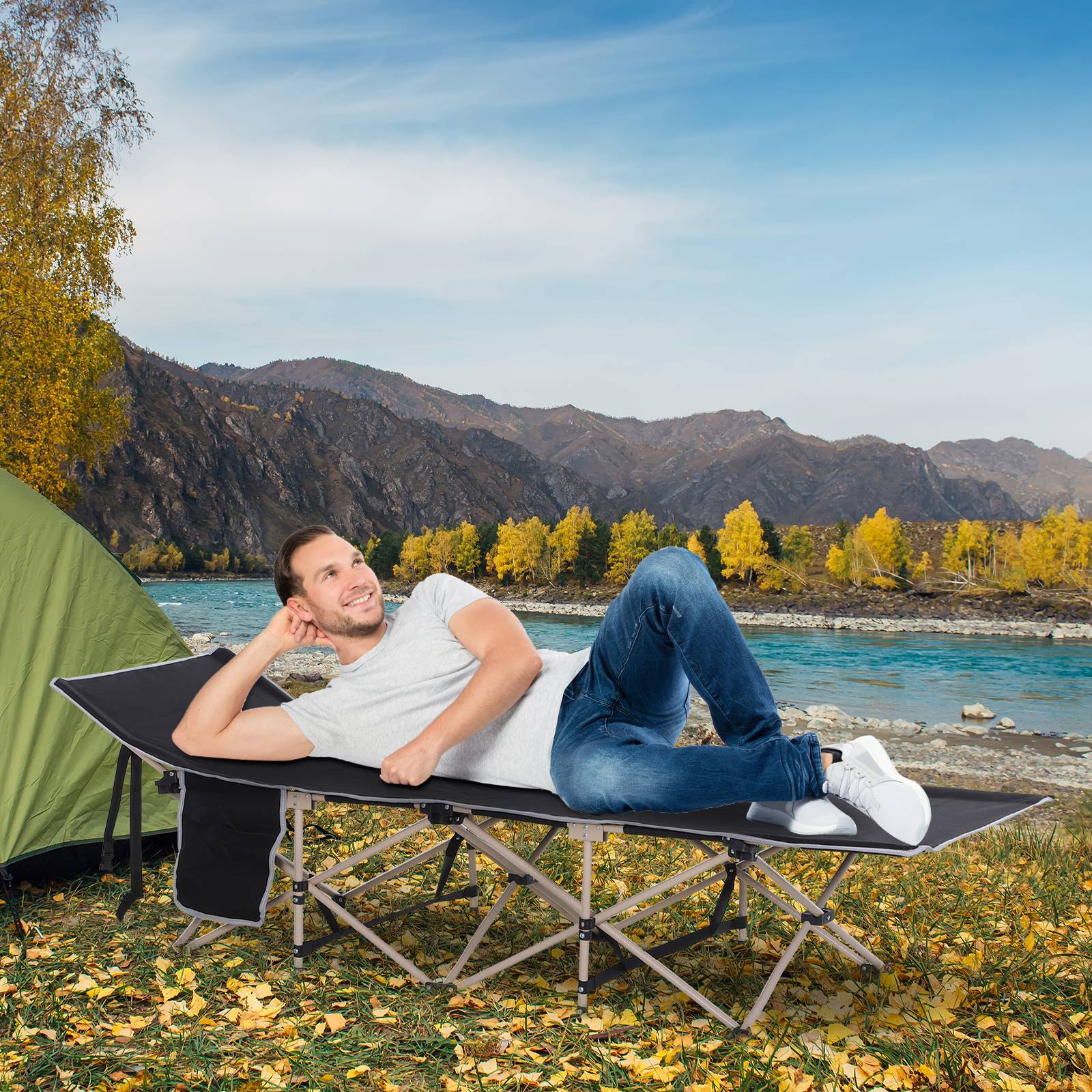 Sans Marque - Lit de camp pliable, résistant intempéries, sac inclus, 190x68x52cm, noir - Image 3