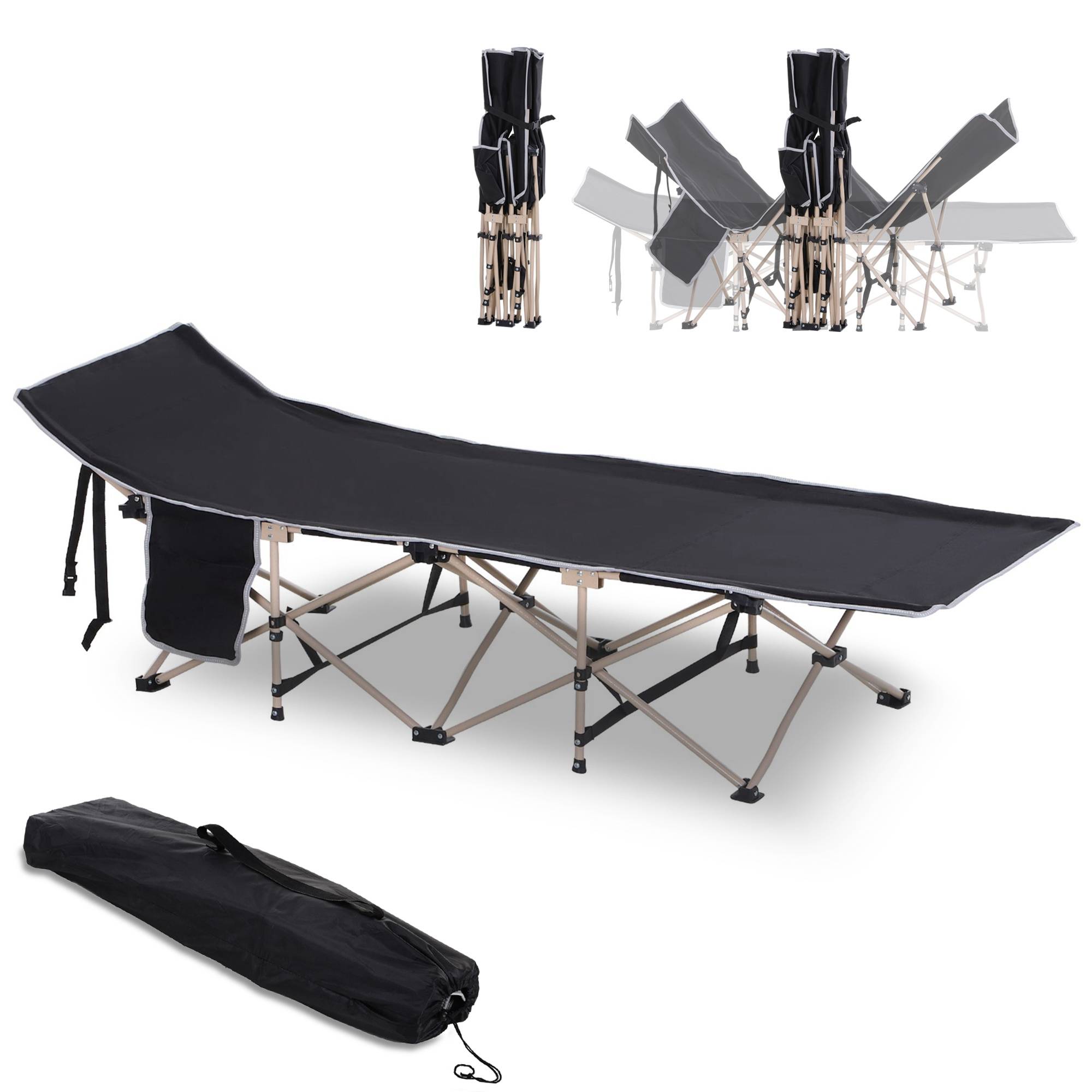 Sans Marque - Lit de camp pliable, résistant intempéries, sac inclus, 190x68x52cm, noir - Image 2