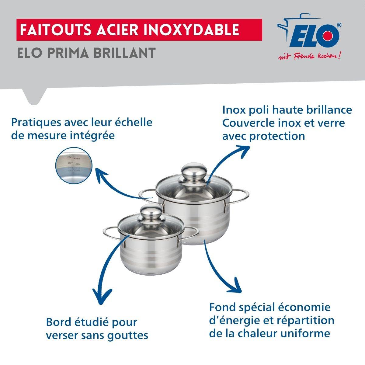 Ensemble de 1 Poêle de cuisson 28 cm et 2 faitouts 14 et 16 cm Elo Prima Brillant - Image 3