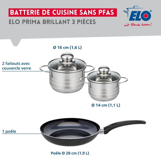 Ensemble de 1 Poêle de cuisson 28 cm et 2 faitouts 14 et 16 cm Elo Prima Brillant - Image 2