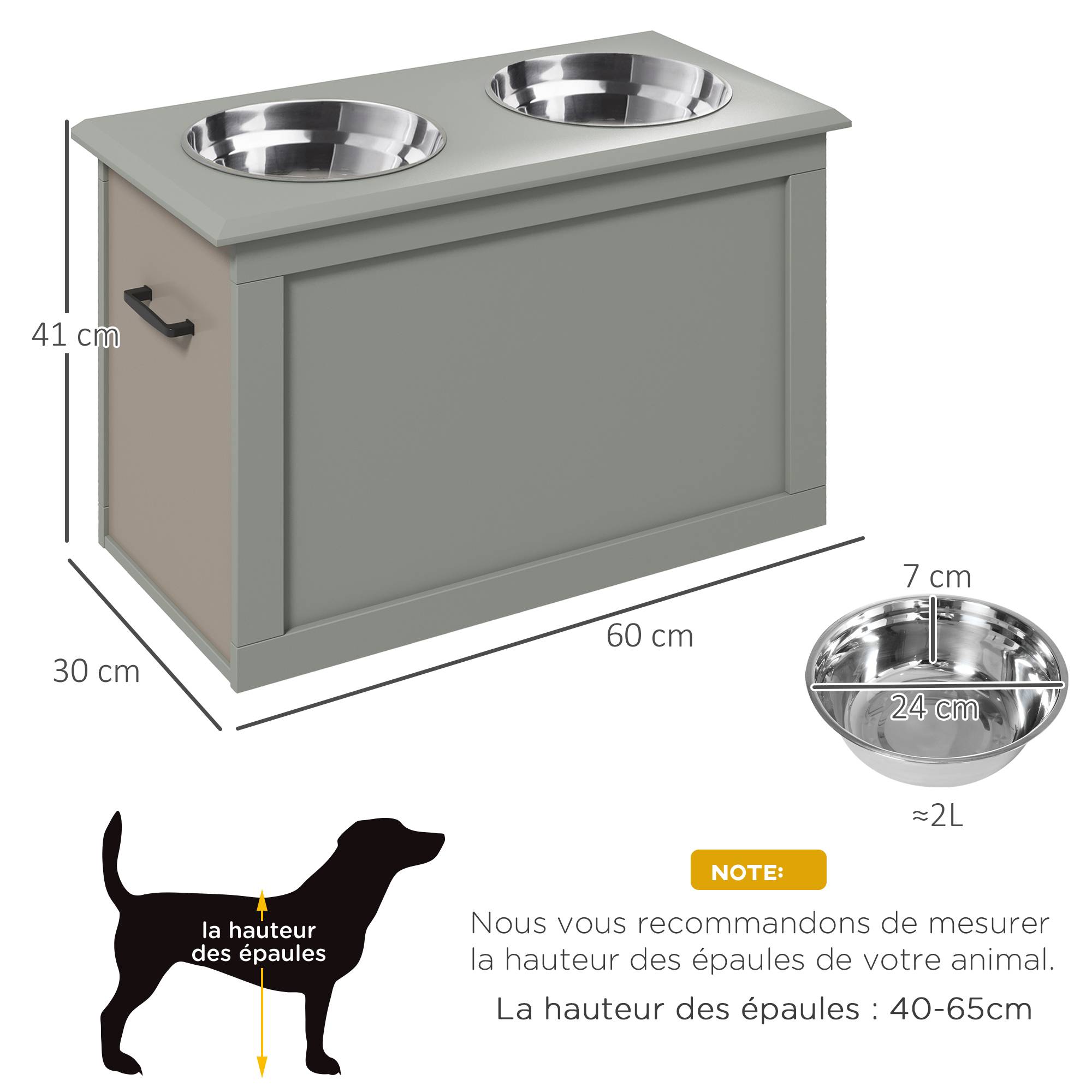 Gamelles chiens surélevées gamelle double chien chat Porte-gamelles surélevé dim. 60L x 30l x 41H cm 2 gamelles 2L poignées coffre bois gris - Image 5