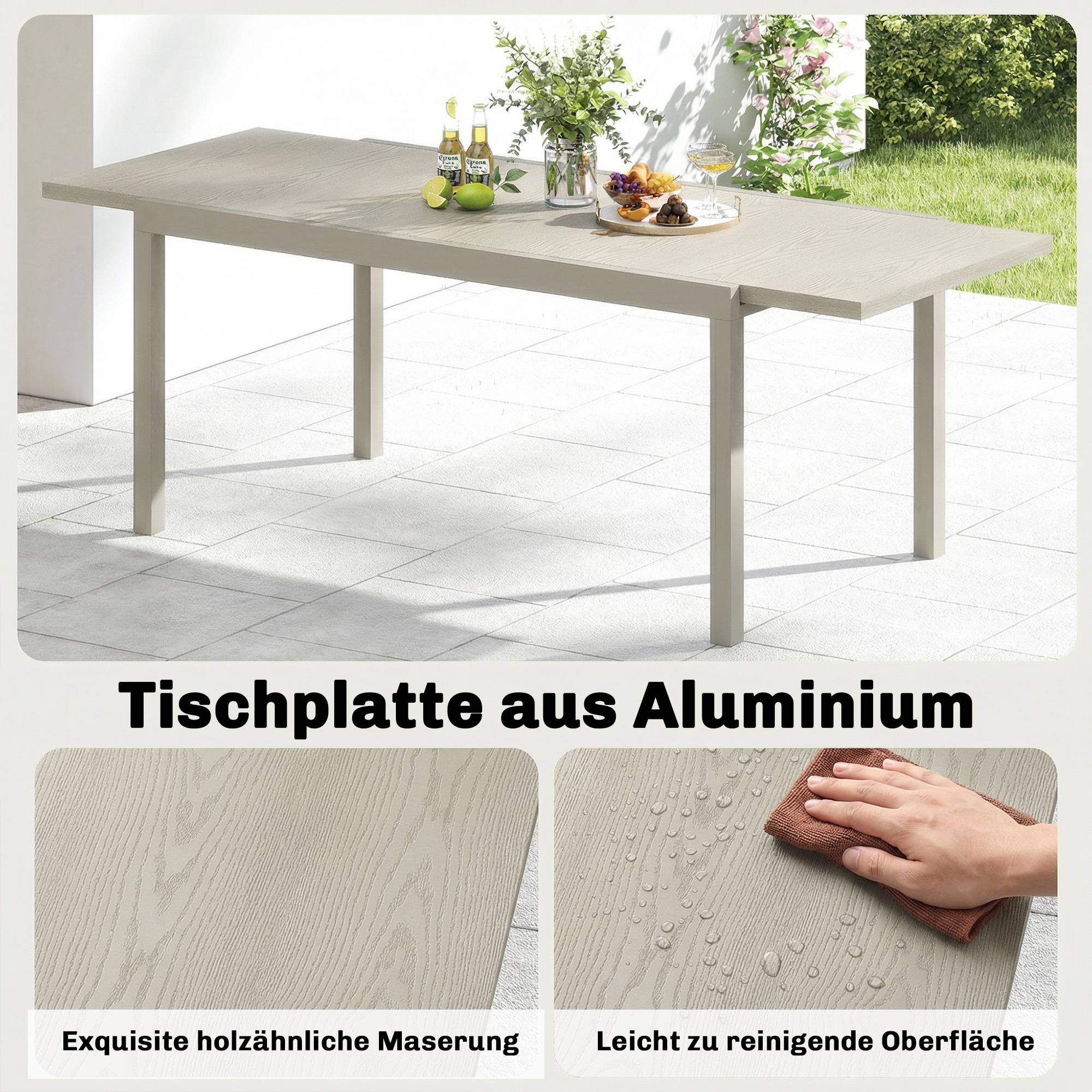 Table de jardin extensible 154/214 x 85 cm, table à manger en aluminium pour 8 à 10 personnes, aspect bois, gris clair - Image 7