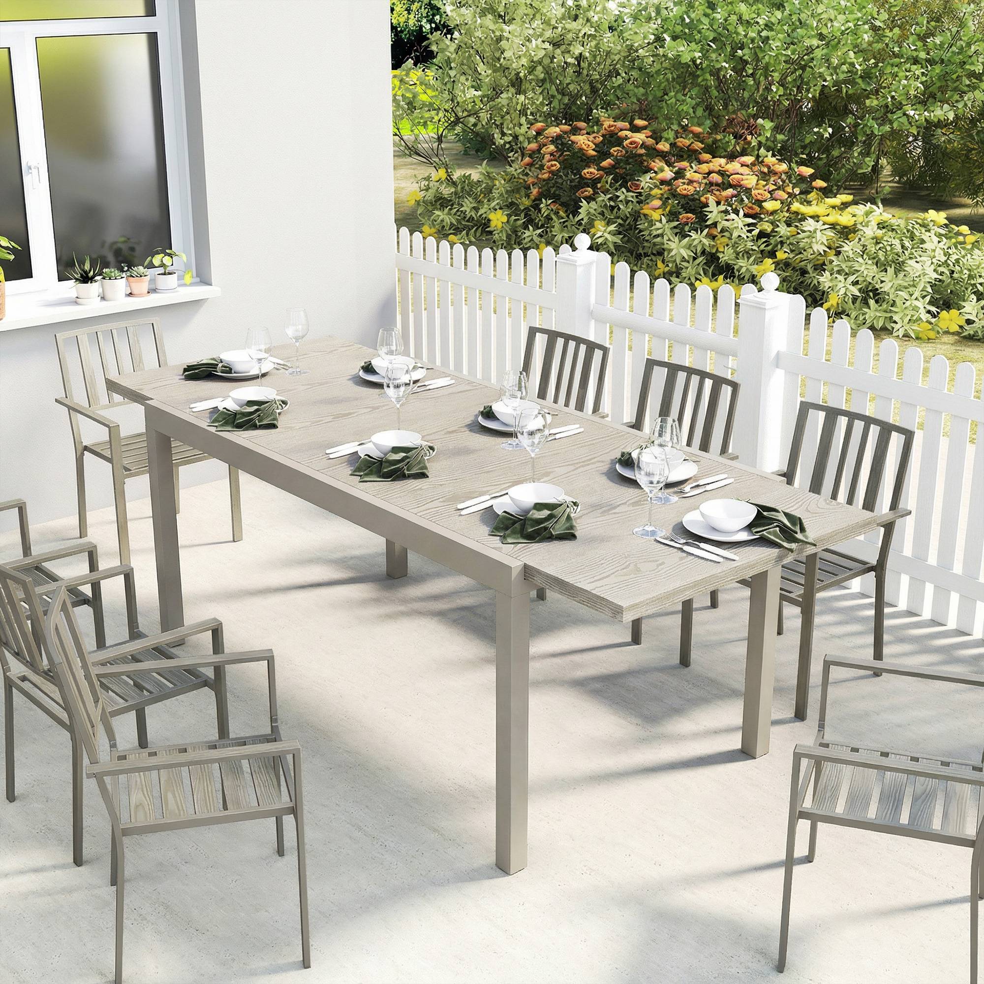 Table de jardin extensible 154/214 x 85 cm, table à manger en aluminium pour 8 à 10 personnes, aspect bois, gris clair - Image 3