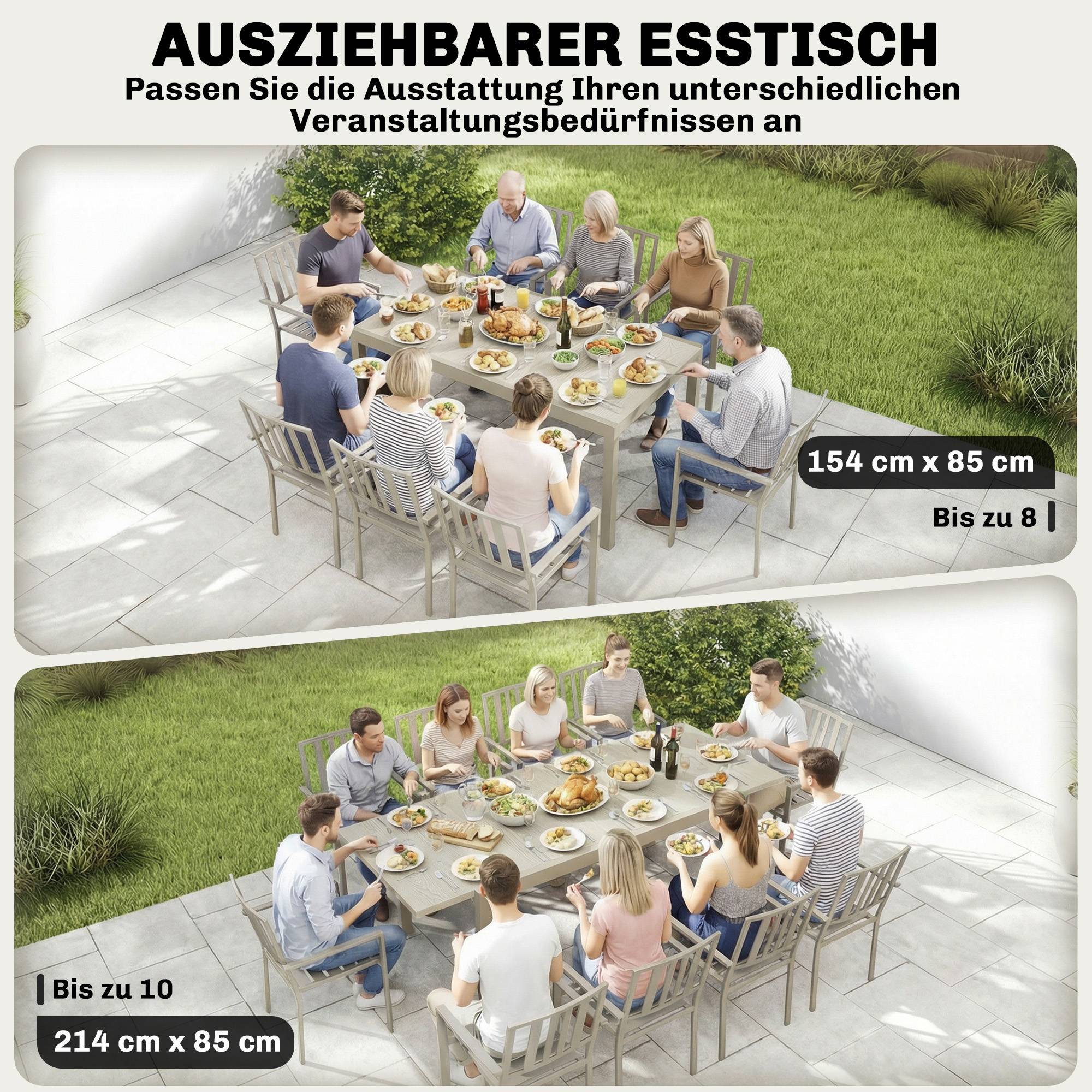Table de jardin extensible 154/214 x 85 cm, table à manger en aluminium pour 8 à 10 personnes, aspect bois, gris clair - Image 6