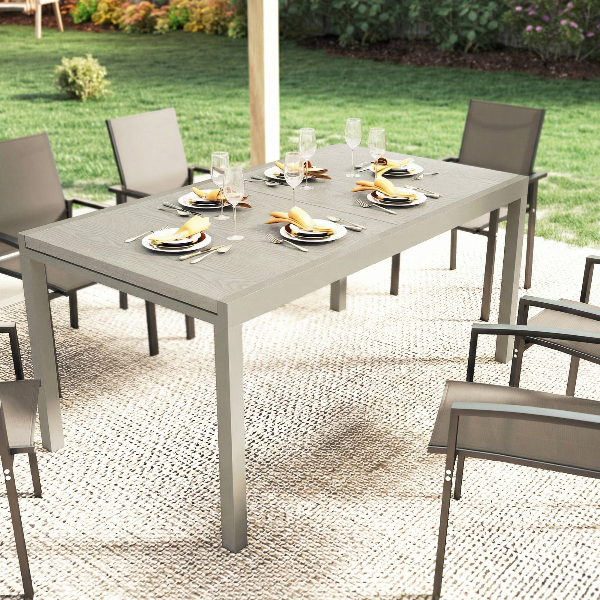 Table de jardin extensible 154/214 x 85 cm, table à manger en aluminium pour 8 à 10 personnes, aspect bois, gris clair - Image 10