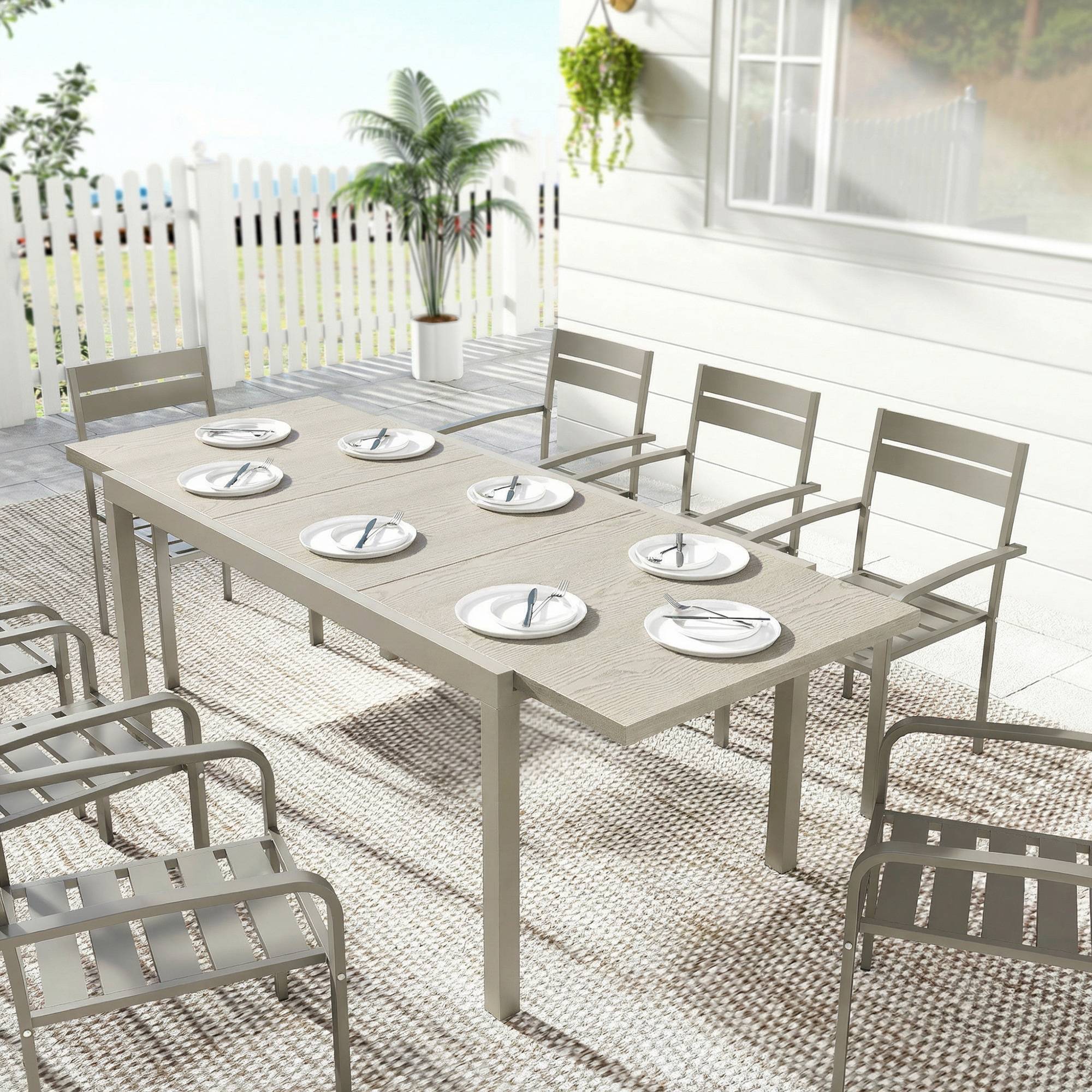 Table de jardin extensible 154/214 x 85 cm, table à manger en aluminium pour 8 à 10 personnes, aspect bois, gris clair - Image 4