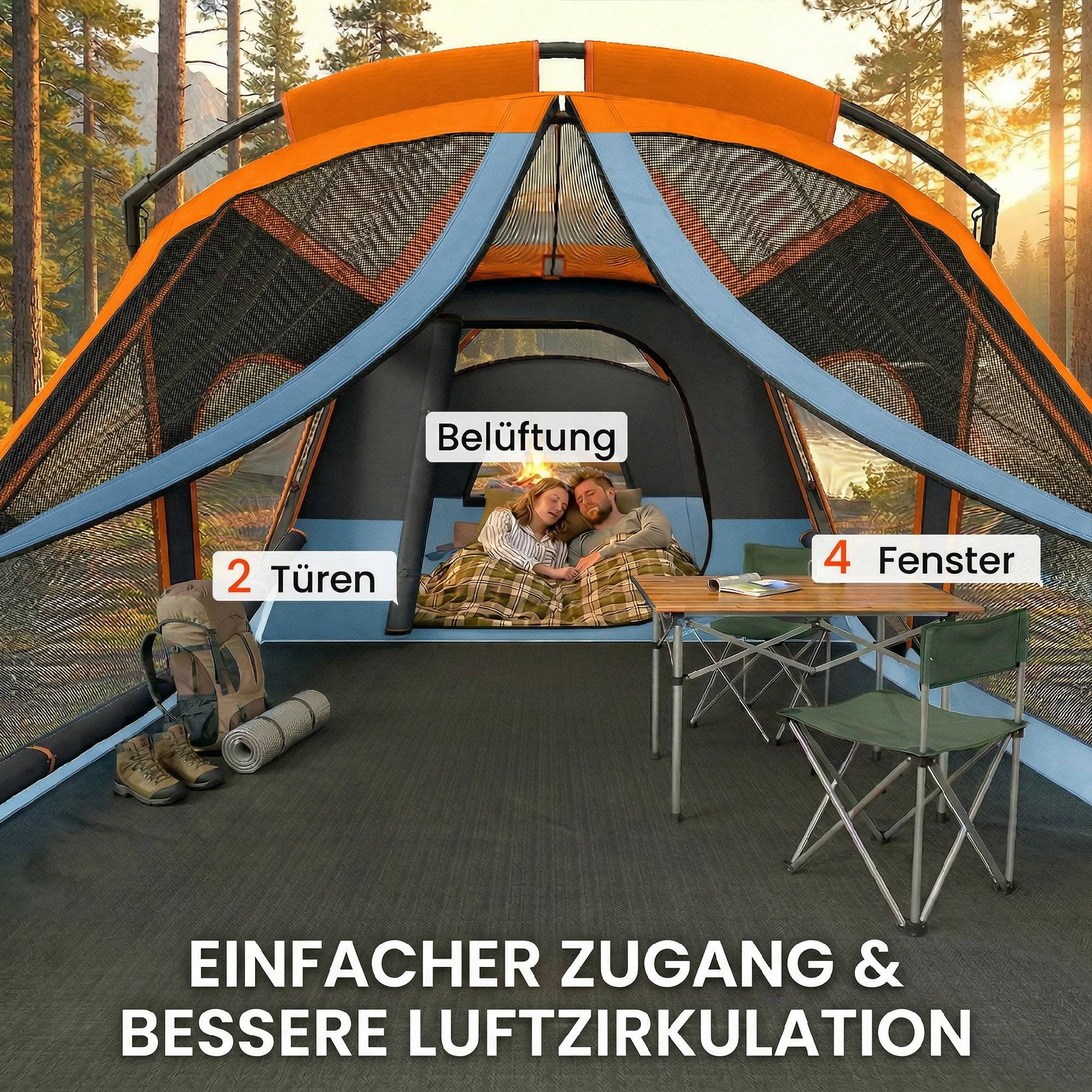 ComfortXL - Tente tunnel familiale polyester orange bleu 2 à 4 personnes hauteur 220 cm étanche 3000 mm pour camping - Image 6