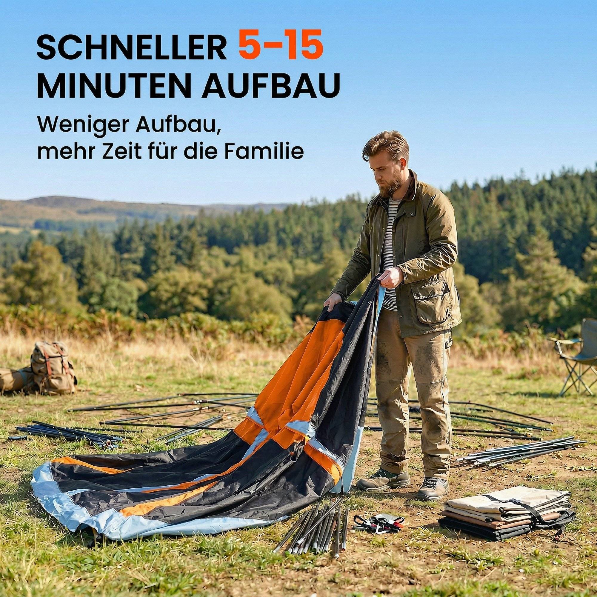 ComfortXL - Tente tunnel familiale polyester orange bleu 2 à 4 personnes hauteur 220 cm étanche 3000 mm pour camping - Image 8