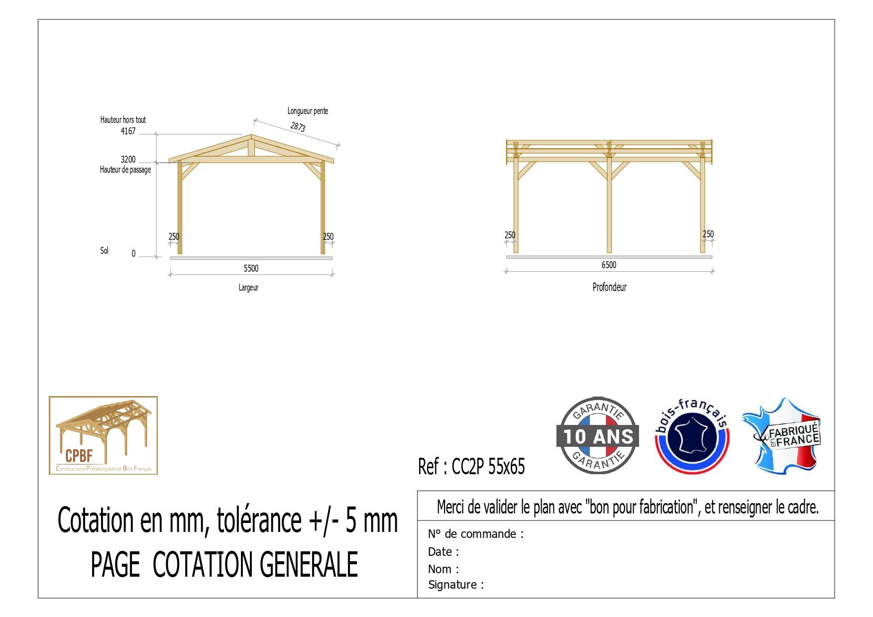 Carport bois 2 pentes 550cmx650cm bois DOUGLAS Français label PEFC (Charpente - Auvent - Abri Camping-car) 36 m². Garantie 10 ans - Image 3