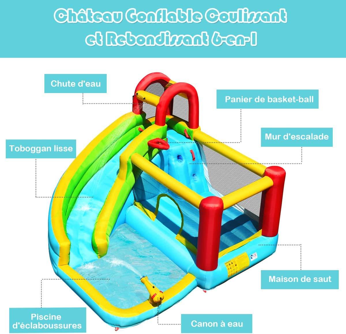 Structure Gonflable 6 en 1 avec Toboggan Charge 135kg pour 3 Enfants 3-10 Ans(sans souffleur) - Image 1