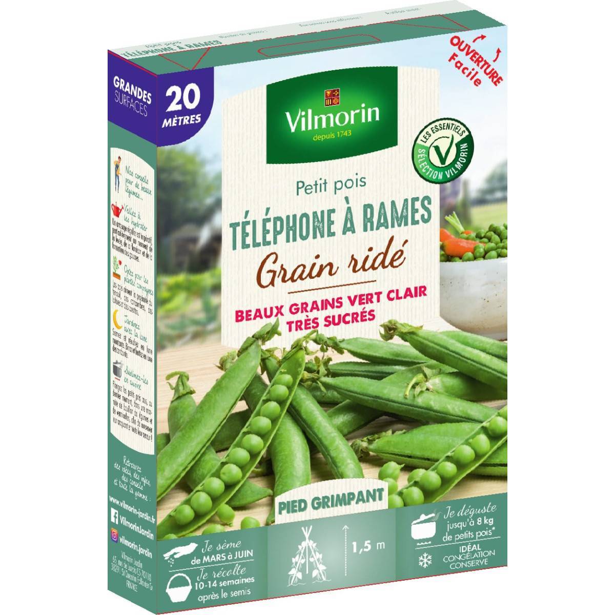 Vilmorin - Graines de Petit Pois TELEPHONE A RAMES grain ridé 20 mètres