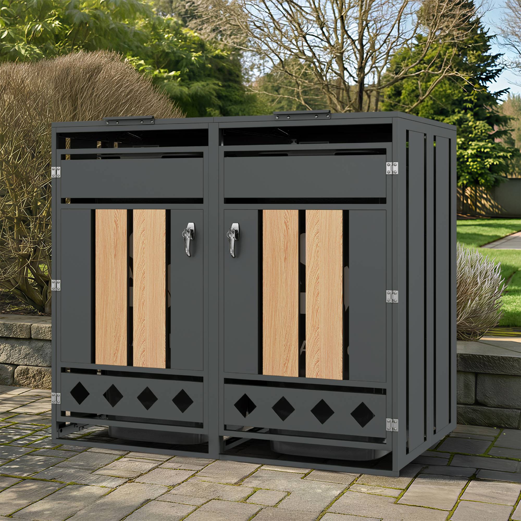 Mülltonnenbox métal et bois gris, 132 x 80 x 124.5 cm - PANGIVO - Image 8
