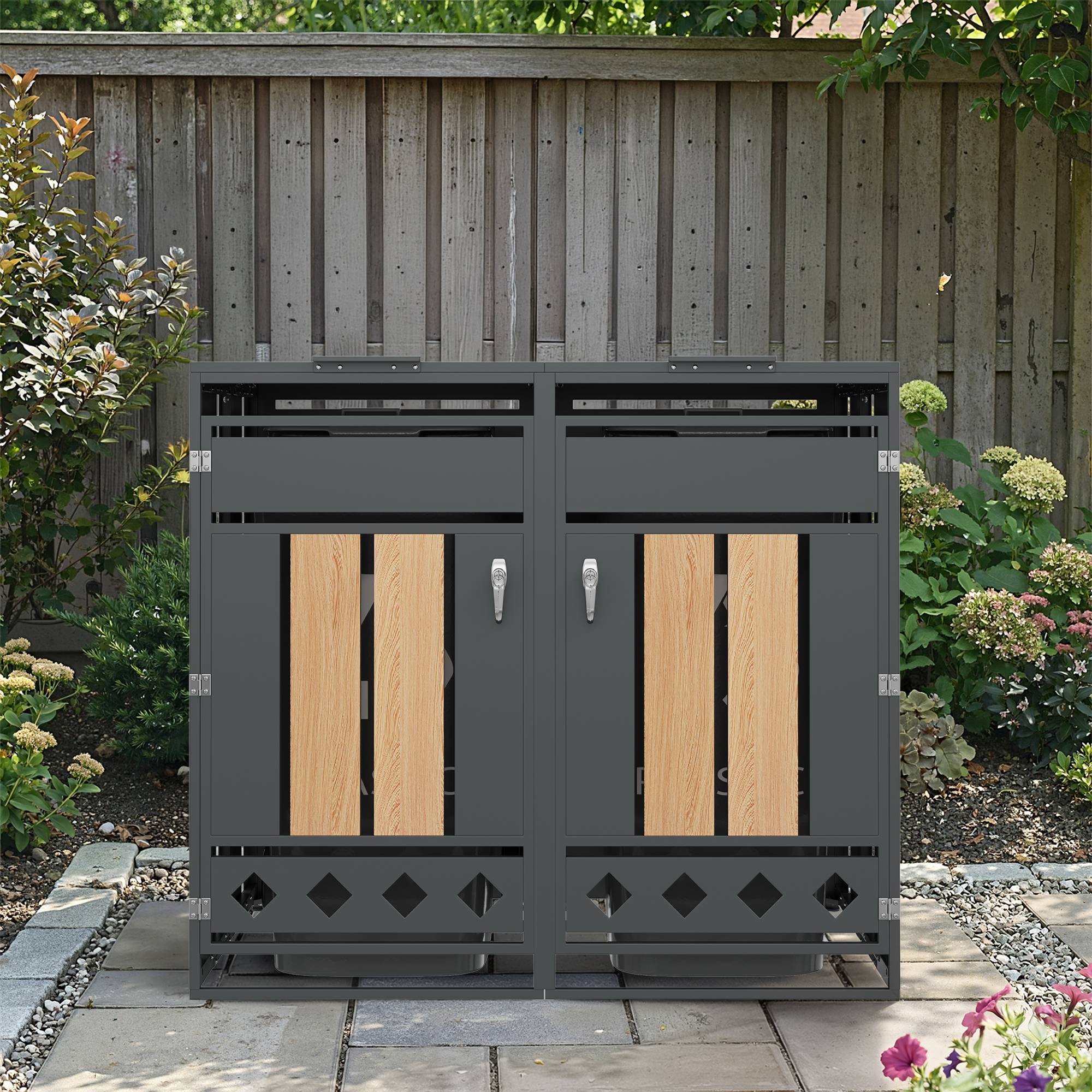 Mülltonnenbox métal et bois gris, 132 x 80 x 124.5 cm - PANGIVO - Image 1