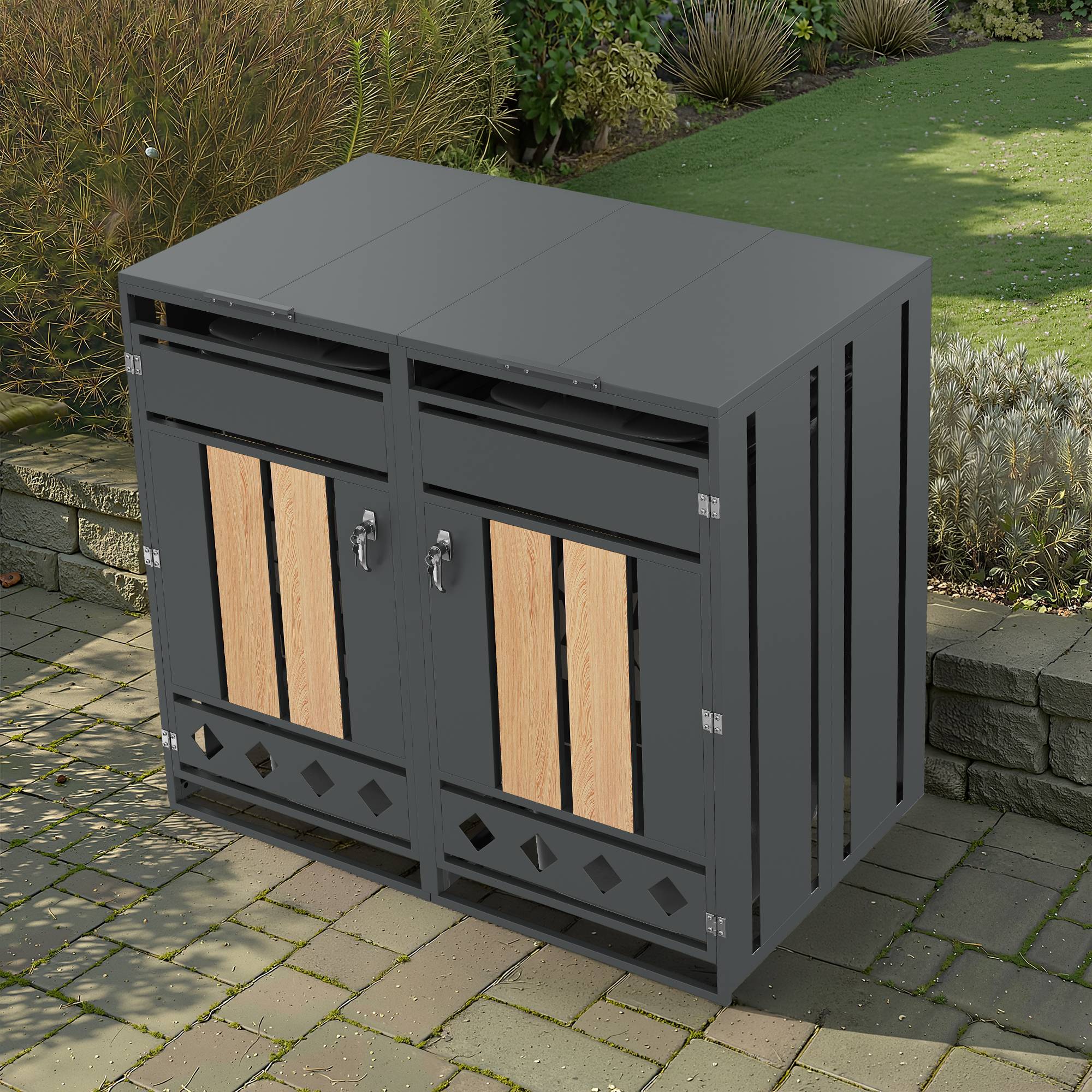 Mülltonnenbox métal et bois gris, 132 x 80 x 124.5 cm - PANGIVO - Image 10