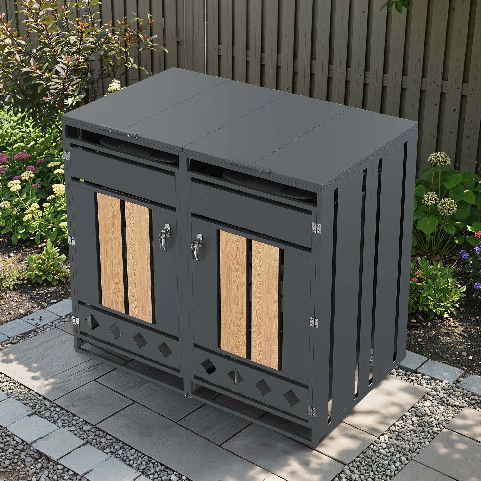 Mülltonnenbox métal et bois gris, 132 x 80 x 124.5 cm - PANGIVO - Image 5