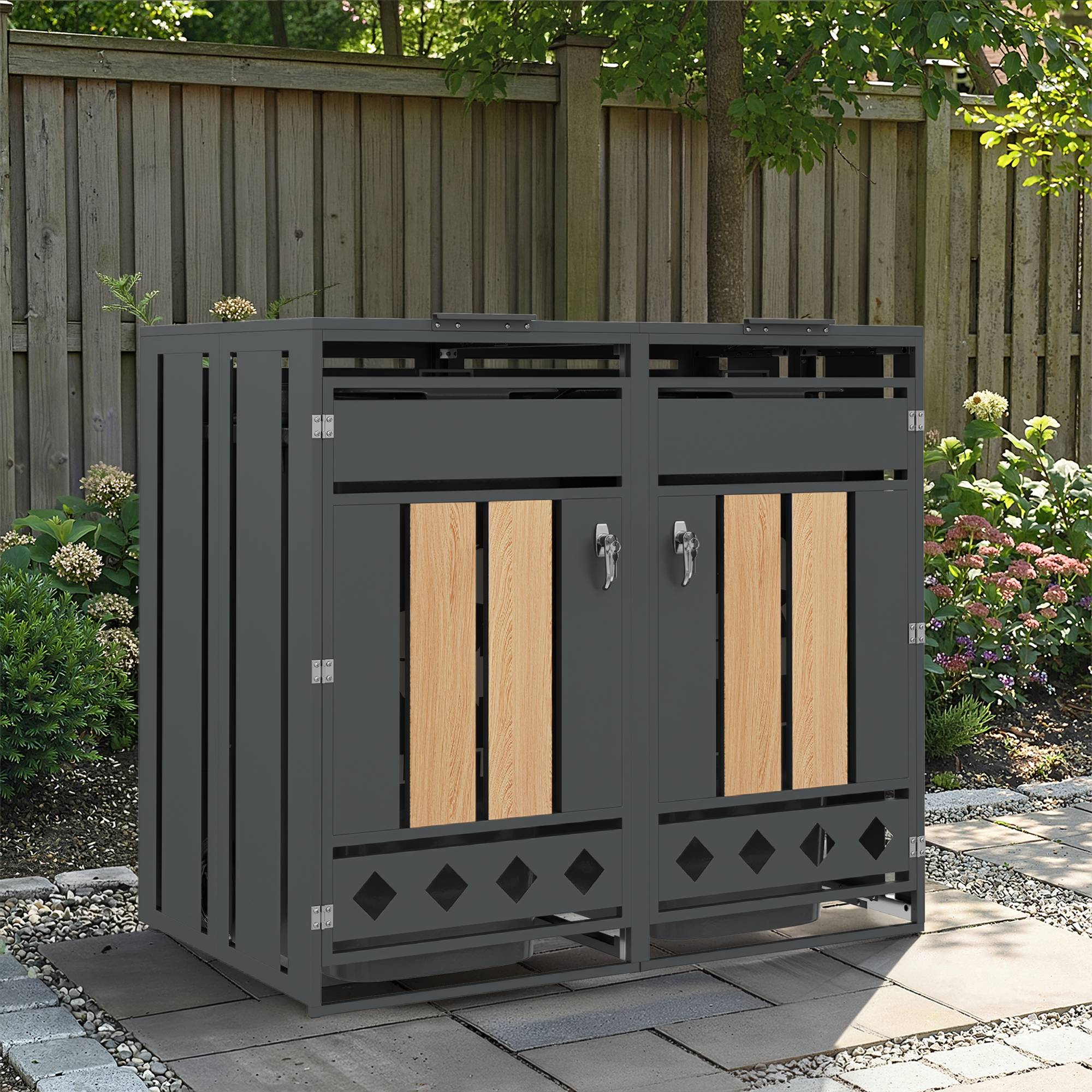 Mülltonnenbox métal et bois gris, 132 x 80 x 124.5 cm - PANGIVO - Image 2