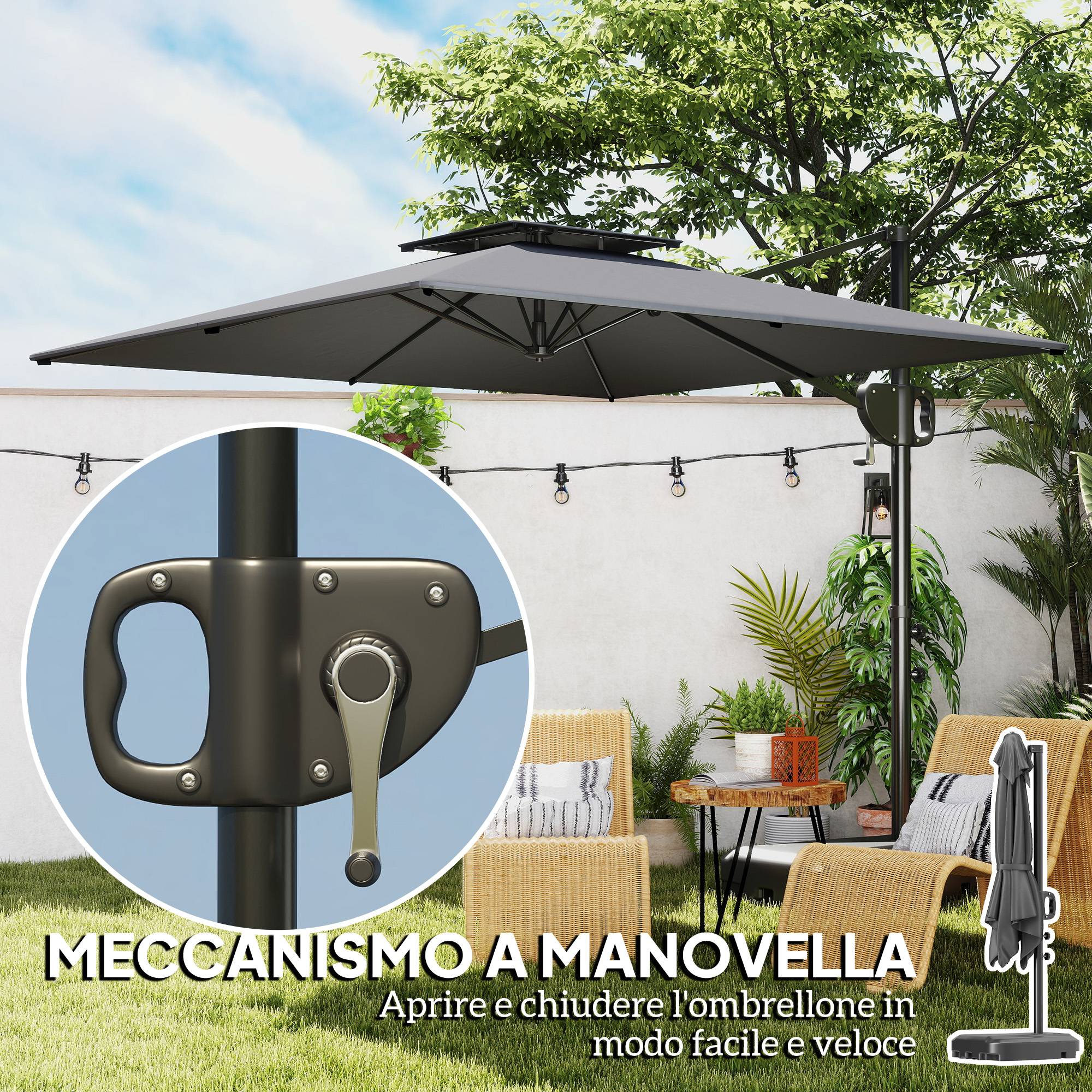 Parasol déporté métal polyester de terrasse base lestable eau incluse 247x247 cm gris foncé - ComfortXL Outdoor Living - Image 9