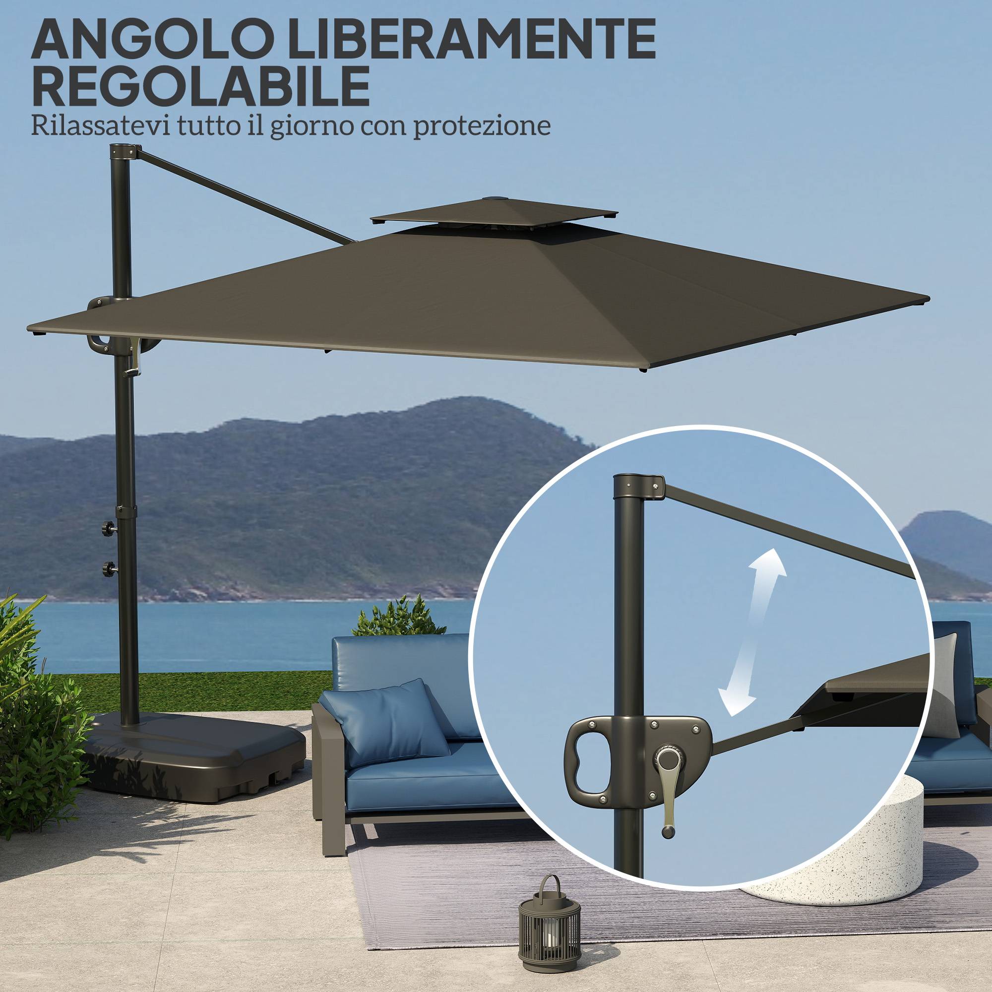 Parasol déporté métal polyester de terrasse base lestable eau incluse 247x247 cm gris foncé - ComfortXL Outdoor Living - Image 7
