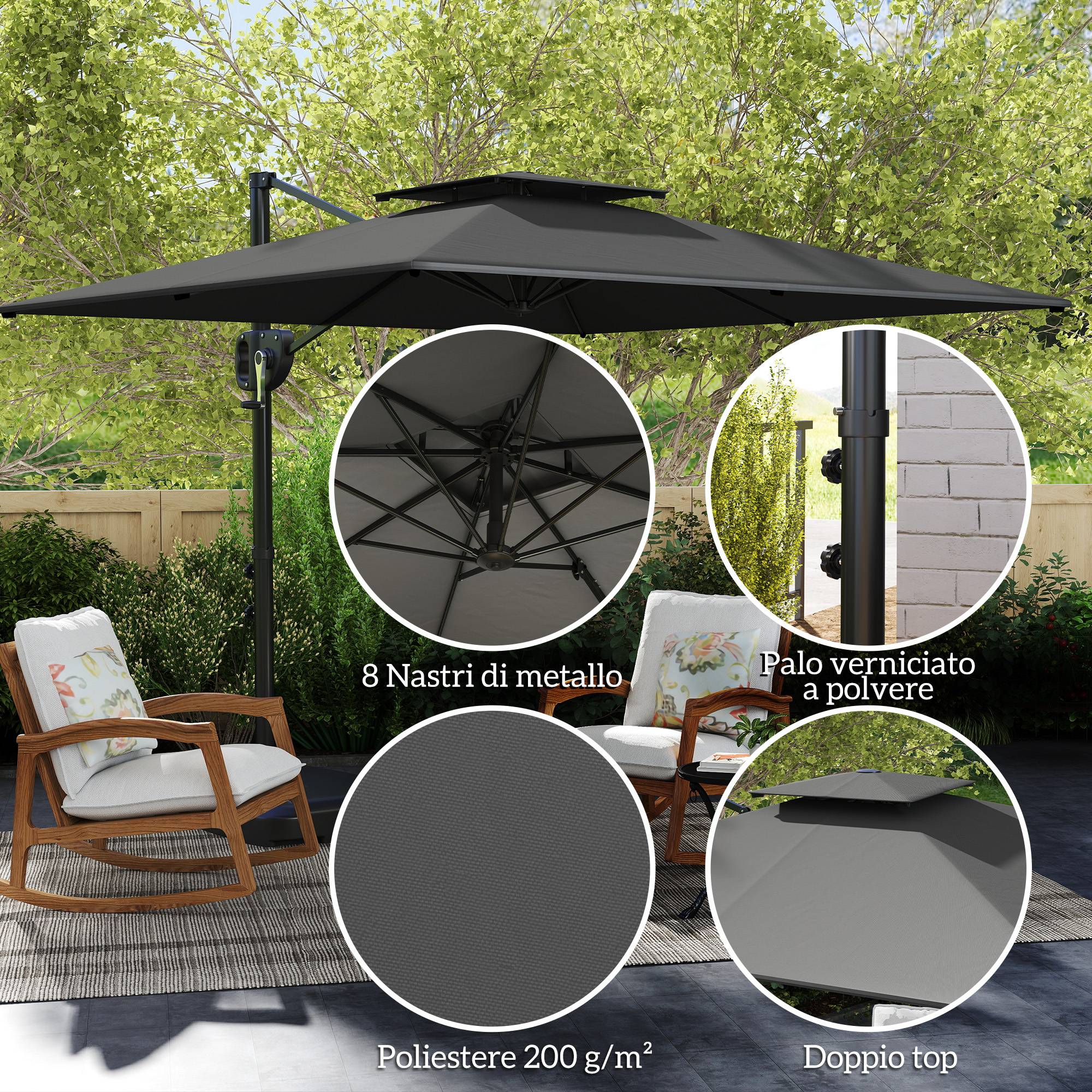 Parasol déporté métal polyester de terrasse base lestable eau incluse 247x247 cm gris foncé - ComfortXL Outdoor Living - Image 8